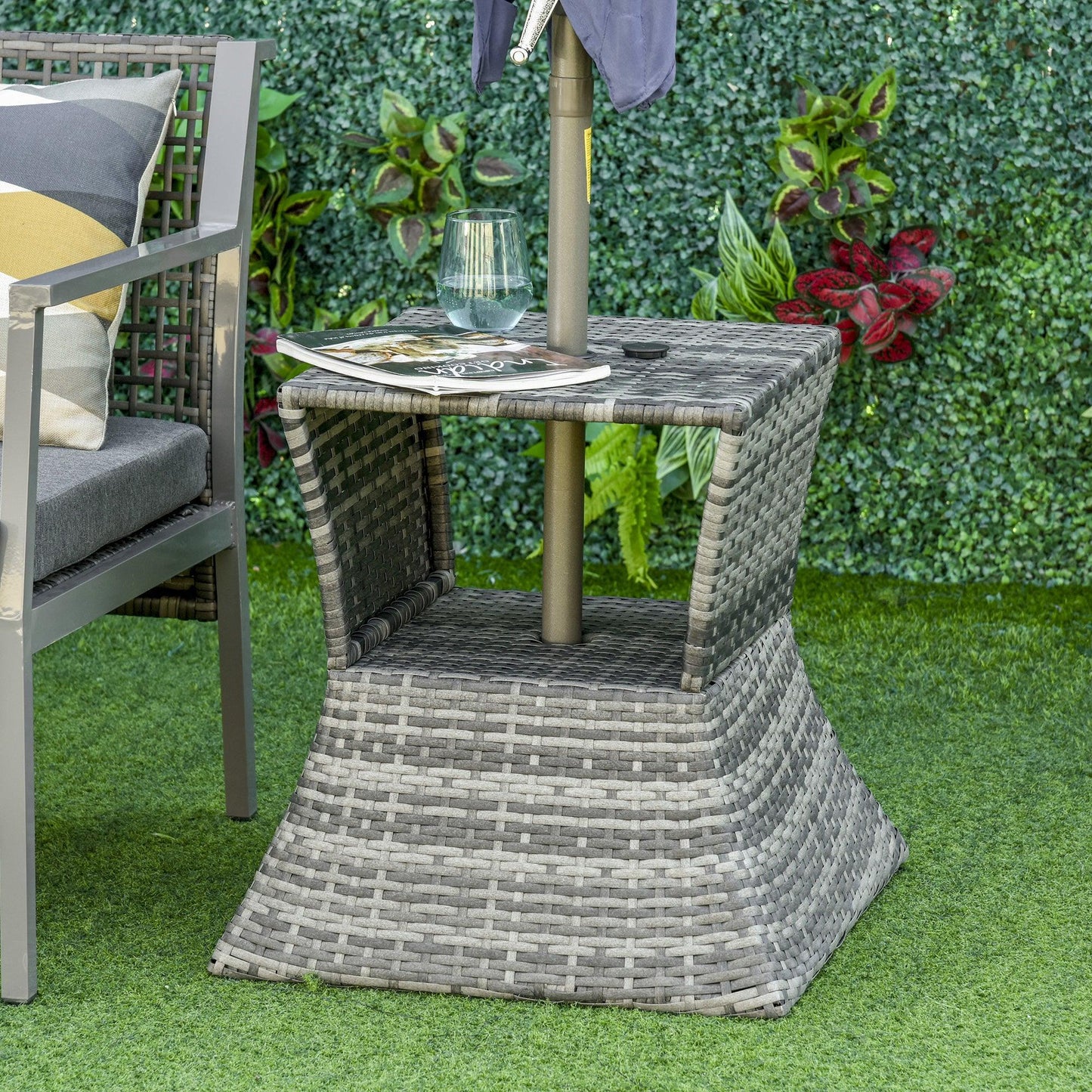 Outsunny Rattan Coffee Table with Umbrella Hole - Grey - ALL4U RETAILER LTD