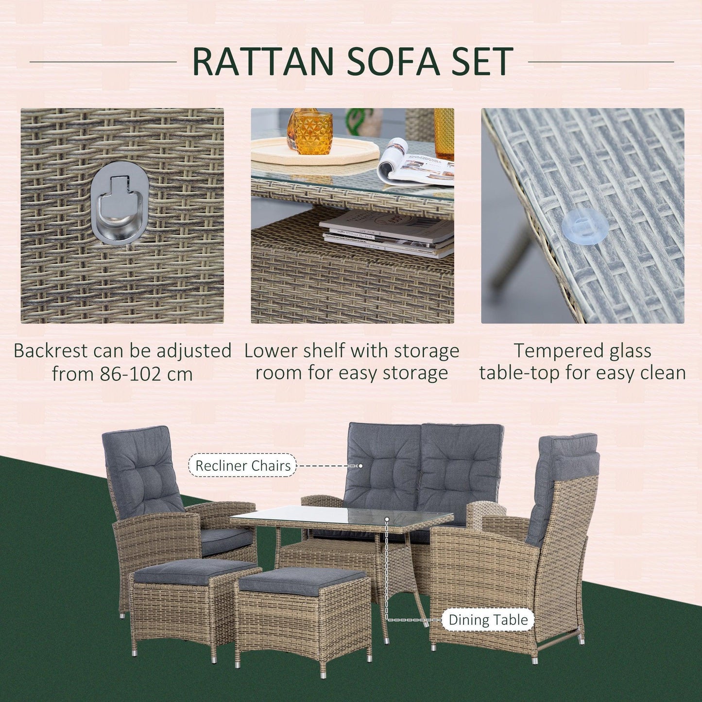 Outsunny Rattan Dining Set with Storage - Grey - ALL4U RETAILER LTD