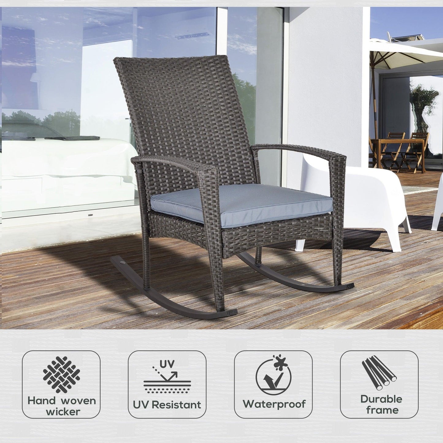 Outsunny Rattan Garden Rocking Chair w/ Cushion - ALL4U RETAILER LTD