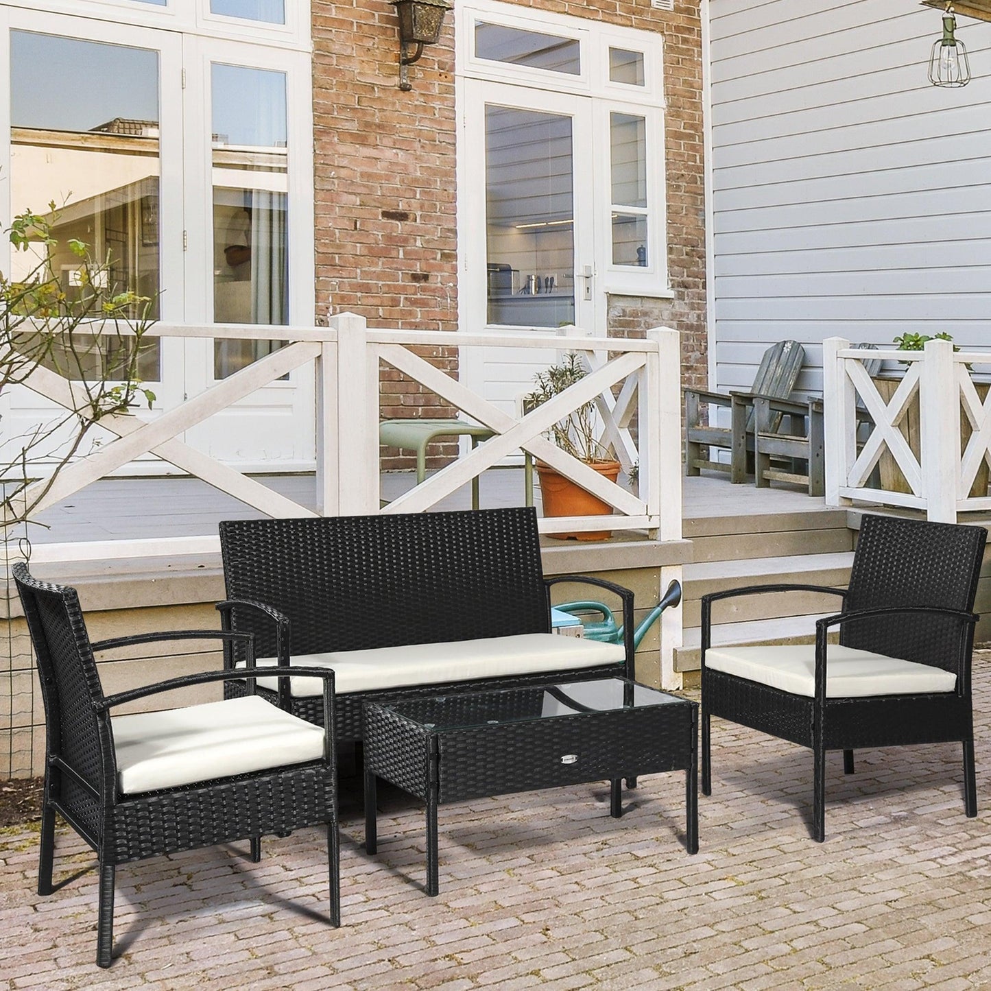 Outsunny Rattan Patio Set for 4: Black & Cream - ALL4U RETAILER LTD