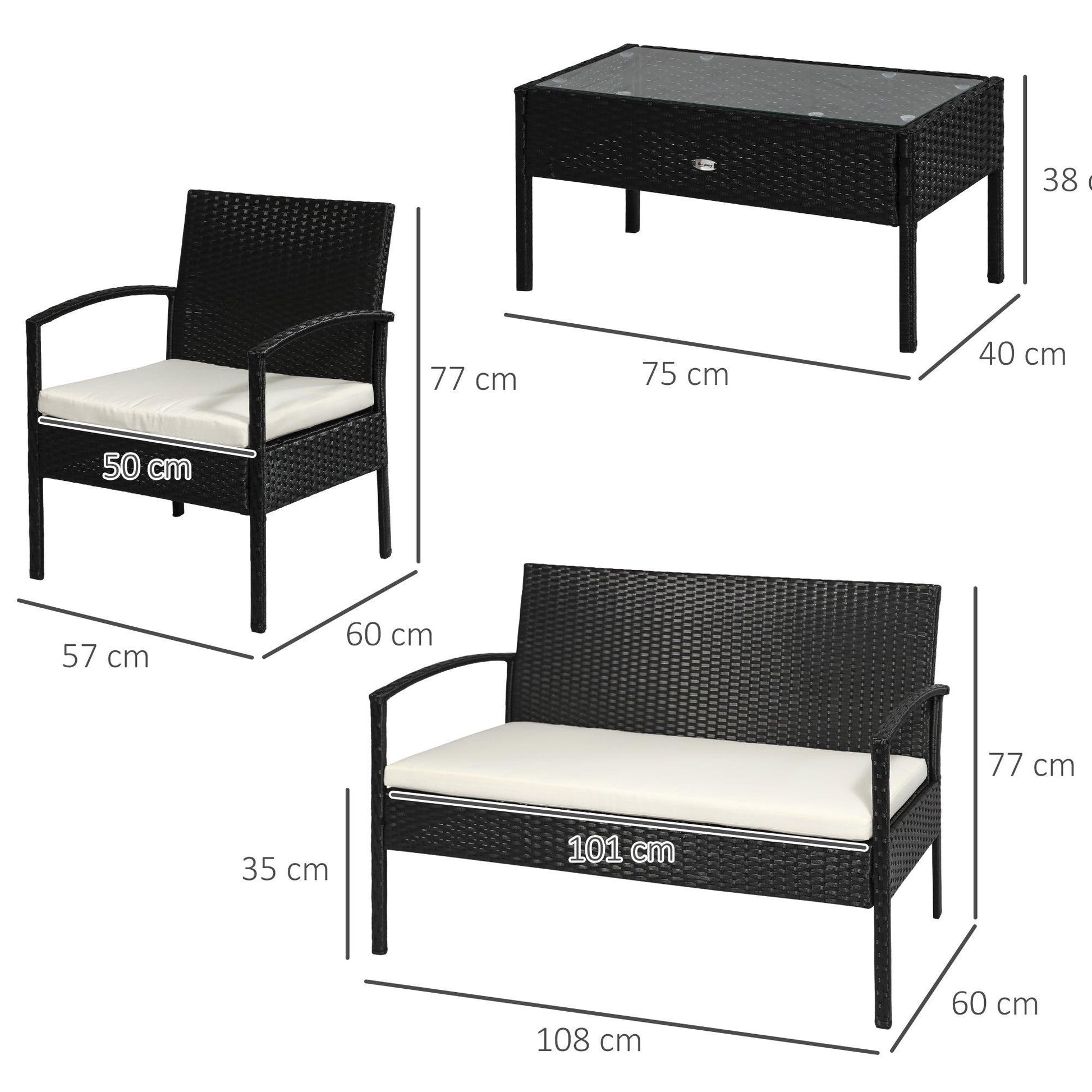 Outsunny Rattan Patio Set for 4: Black & Cream - ALL4U RETAILER LTD