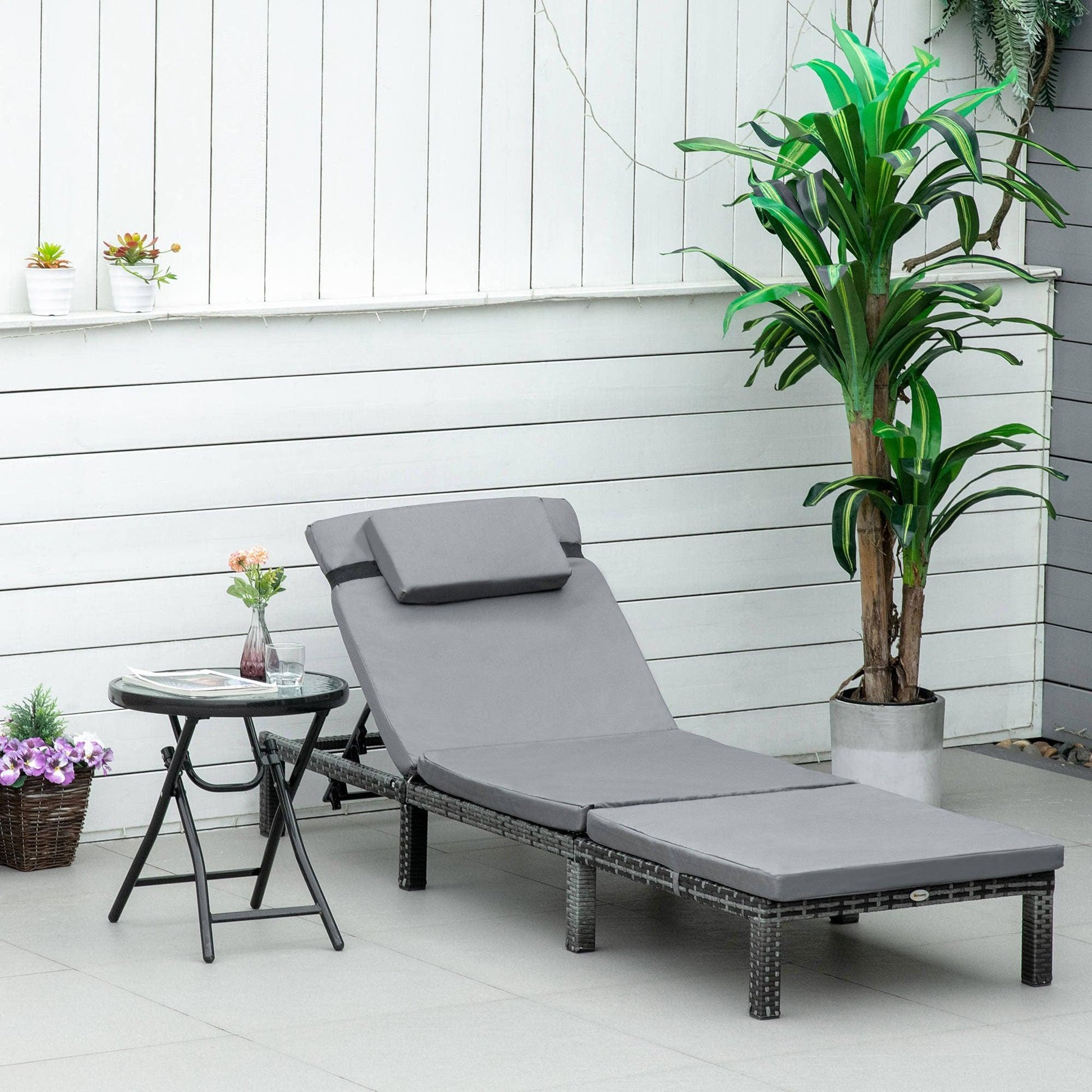 Outsunny Rattan Patio Sun Lounger, Grey - ALL4U RETAILER LTD