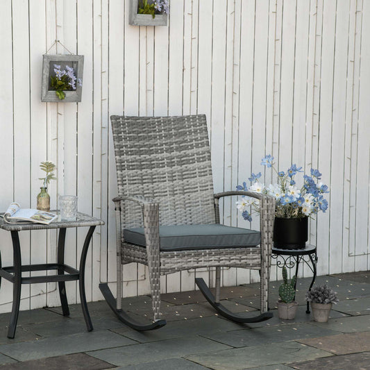 Outsunny Rattan Rocker Chair with Cushion - Light Grey - ALL4U RETAILER LTD