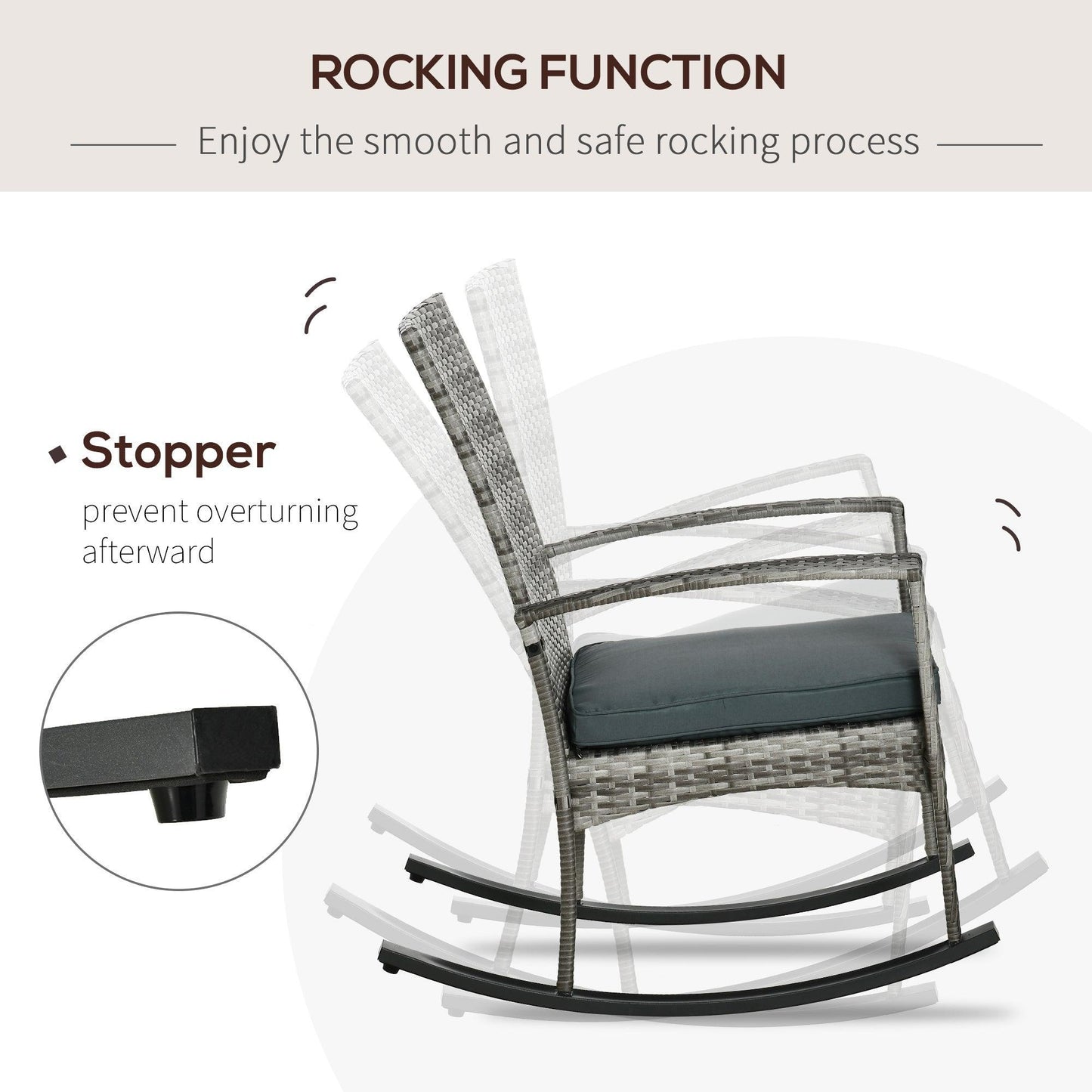 Outsunny Rattan Rocker Chair with Cushion - Light Grey - ALL4U RETAILER LTD