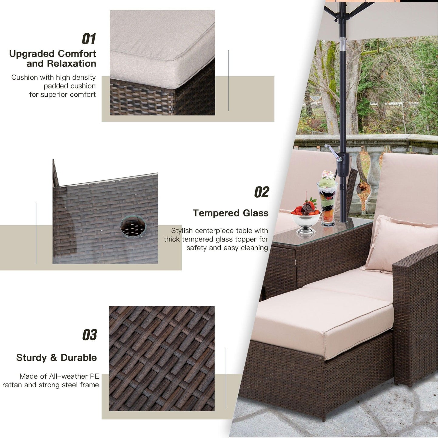 Outsunny Rattan Sofa Chair & Stool Set - Brown - ALL4U RETAILER LTD