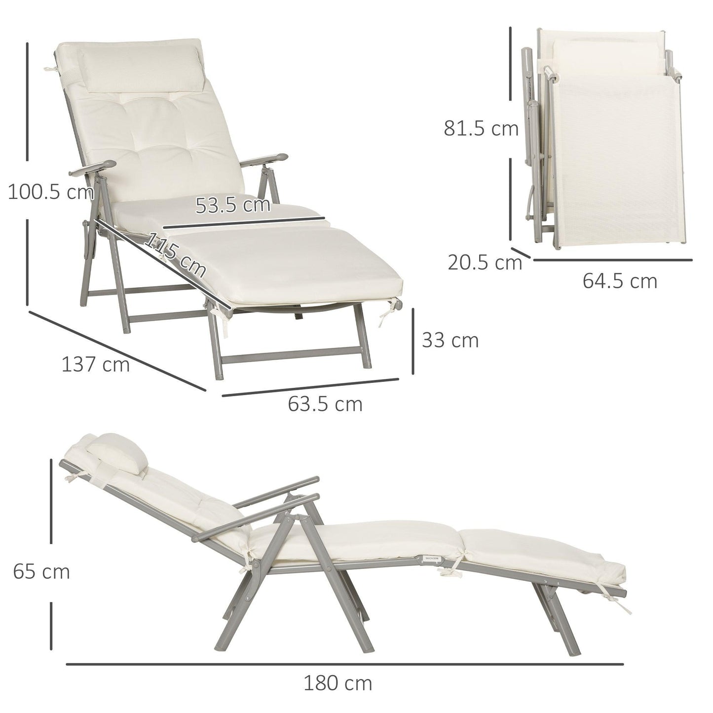 Outsunny Reclining Patio Chair with Pillow - Cream - ALL4U RETAILER LTD