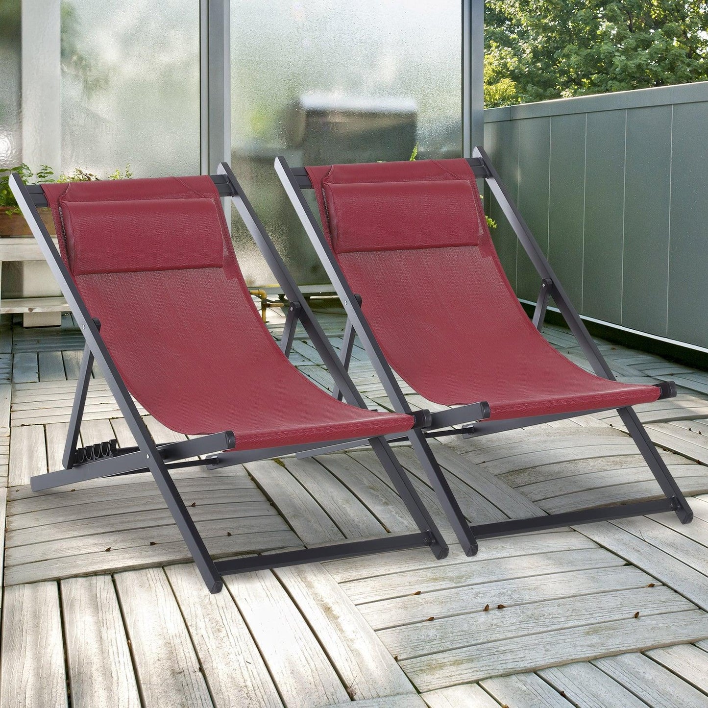 Outsunny Red Folding Patio Loungers - Set of 2 - ALL4U RETAILER LTD