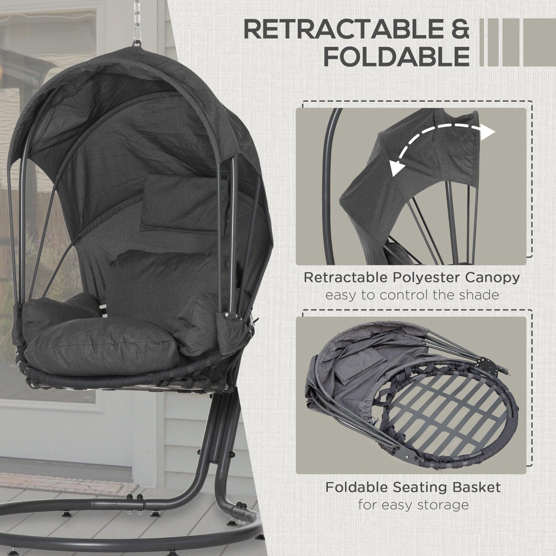 Outsunny Retractable Canopy Swing Chair: Indoor/Outdoor, Grey - ALL4U RETAILER LTD