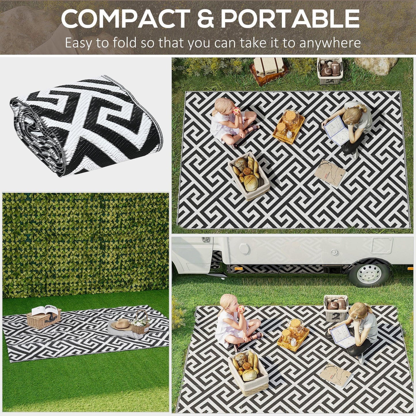 Outsunny Reversible Outdoor Rug - 5x8ft, Black & White - ALL4U RETAILER LTD