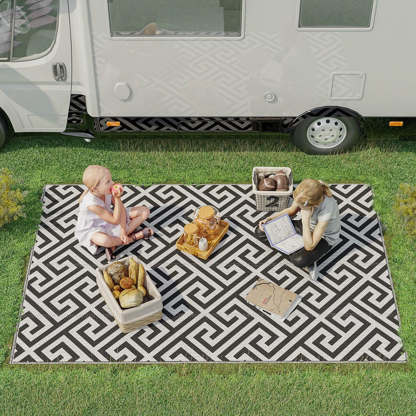 Outsunny Reversible Outdoor Rug - 5x8ft, Black & White - ALL4U RETAILER LTD