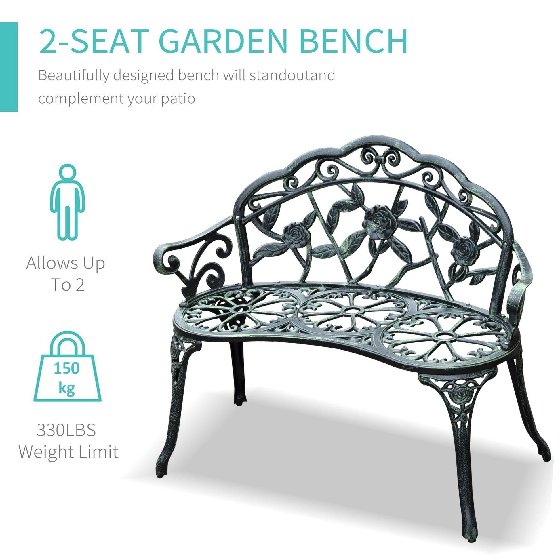 Outsunny Rose-Style Green Garden Bench - 2 Seater - ALL4U RETAILER LTD