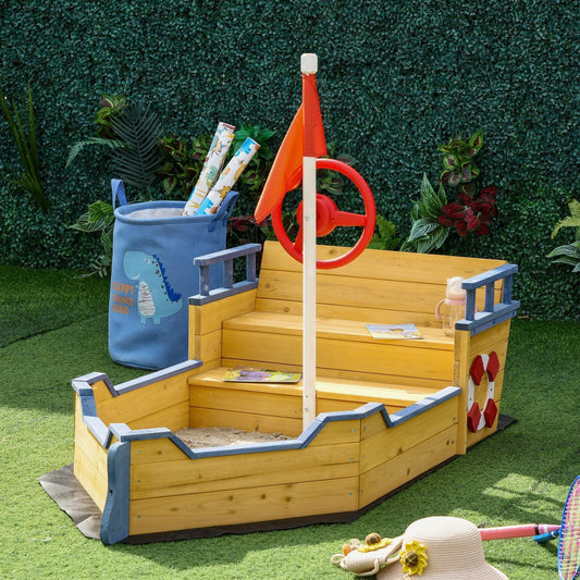 Outsunny Sandbox Pirate Ship Sandboat with Bench - Outdoor Playset - ALL4U RETAILER LTD