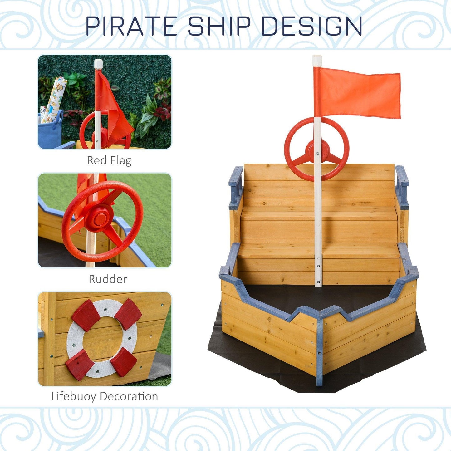 Outsunny Sandbox Pirate Ship Sandboat with Bench - Outdoor Playset - ALL4U RETAILER LTD