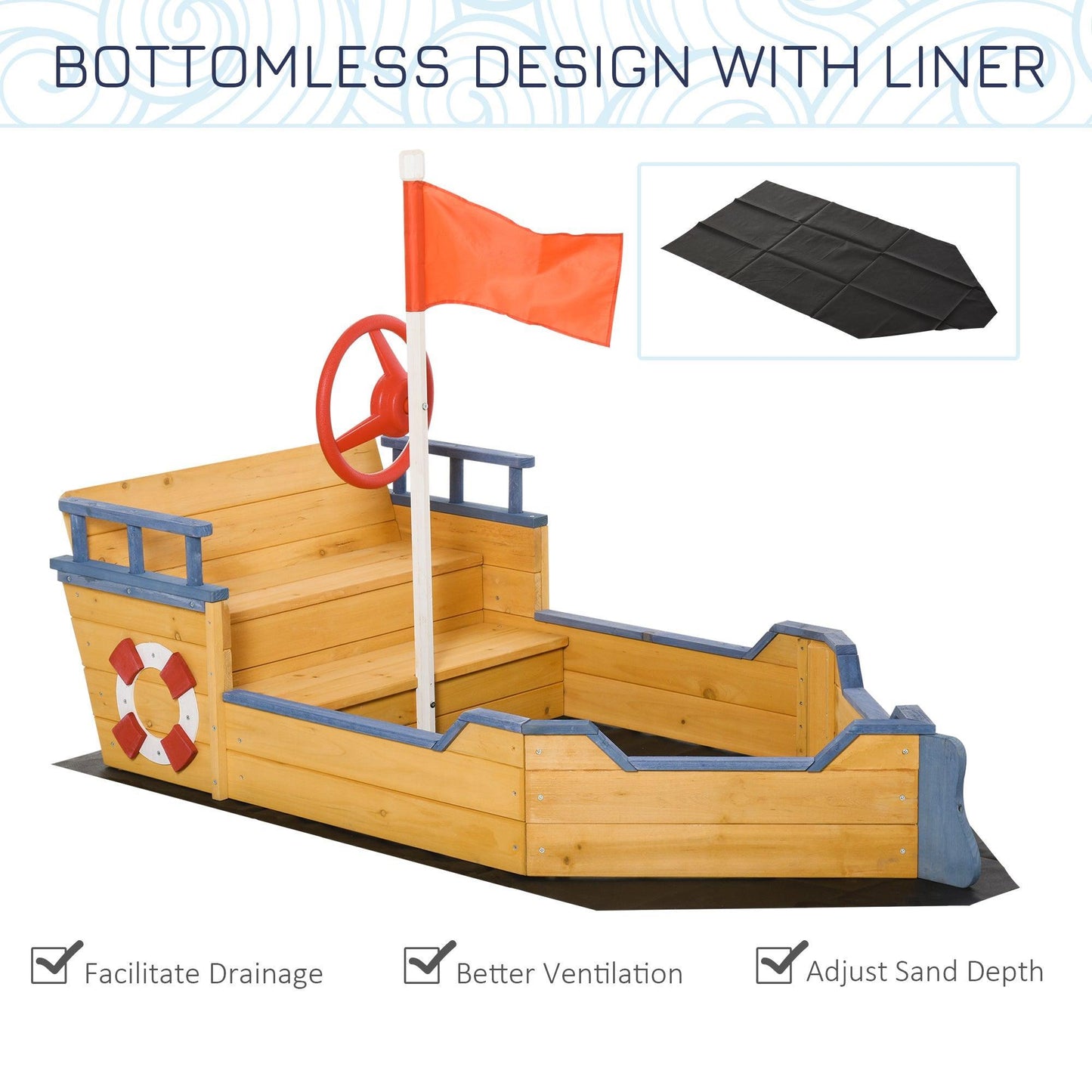 Outsunny Sandbox Pirate Ship Sandboat with Bench - Outdoor Playset - ALL4U RETAILER LTD