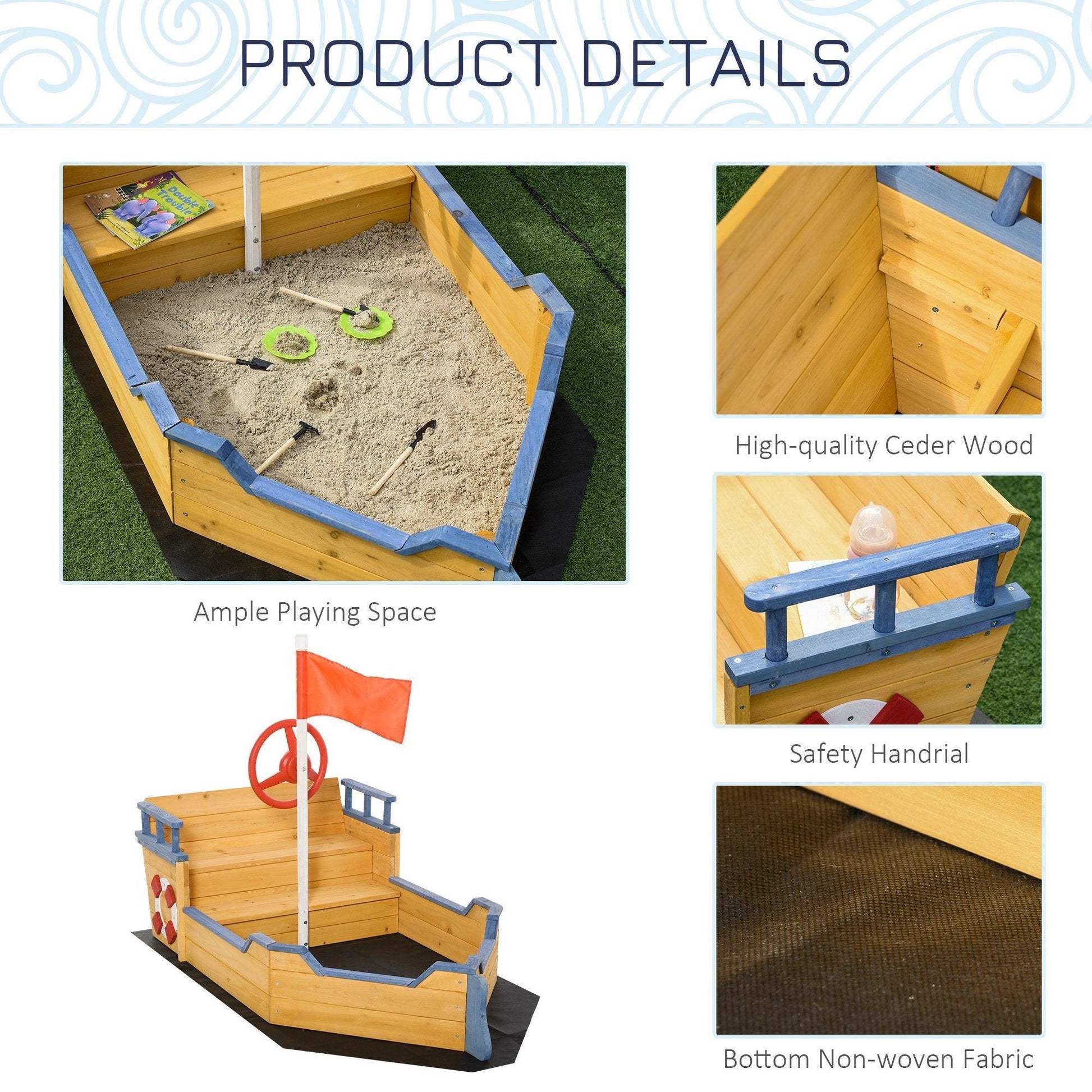 Outsunny Sandbox Pirate Ship Sandboat with Bench - Outdoor Playset - ALL4U RETAILER LTD