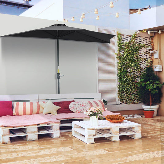 Outsunny Semi Round Black Patio Umbrella - Metal Frame, Crank Handle - ALL4U RETAILER LTD