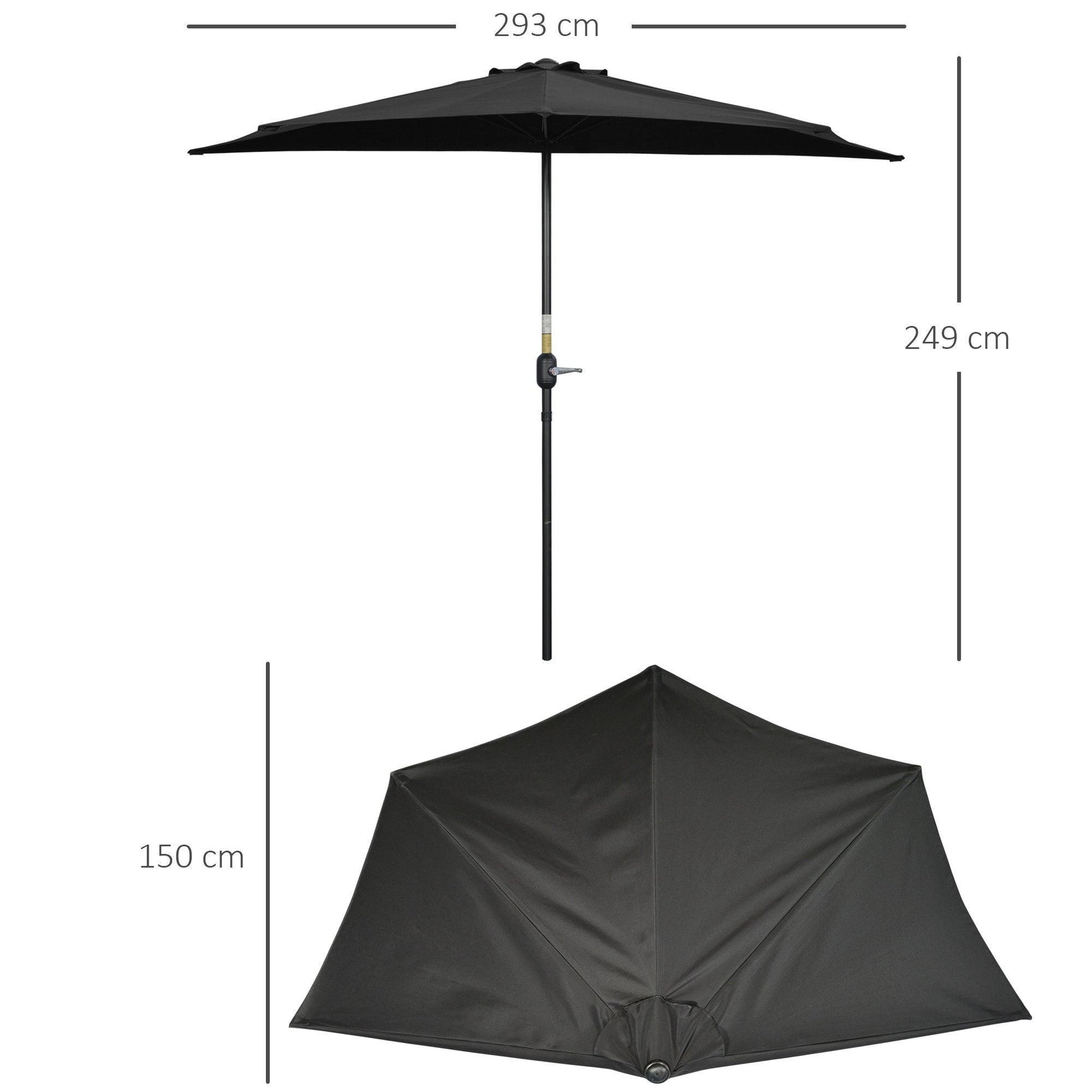 Outsunny Semi Round Black Patio Umbrella - Metal Frame, Crank Handle - ALL4U RETAILER LTD