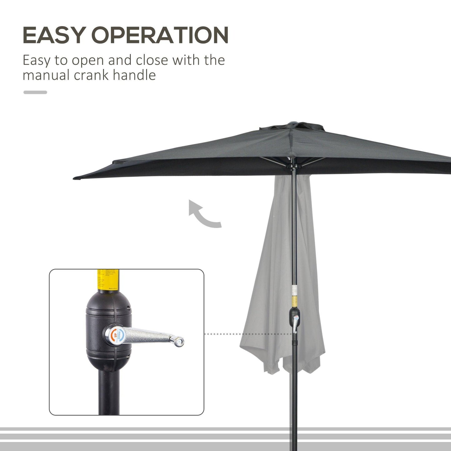 Outsunny Semi Round Black Patio Umbrella - Metal Frame, Crank Handle - ALL4U RETAILER LTD