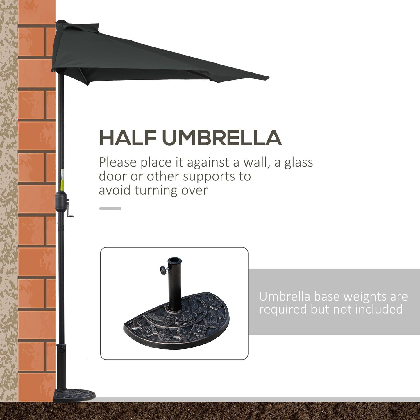 Outsunny Semi Round Black Patio Umbrella - Metal Frame, Crank Handle - ALL4U RETAILER LTD