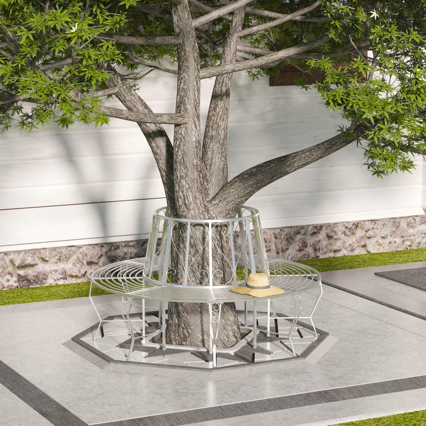 Outsunny Silver Metal Round Tree Bench - 160cm Diameter, 90cm Height - ALL4U RETAILER LTD