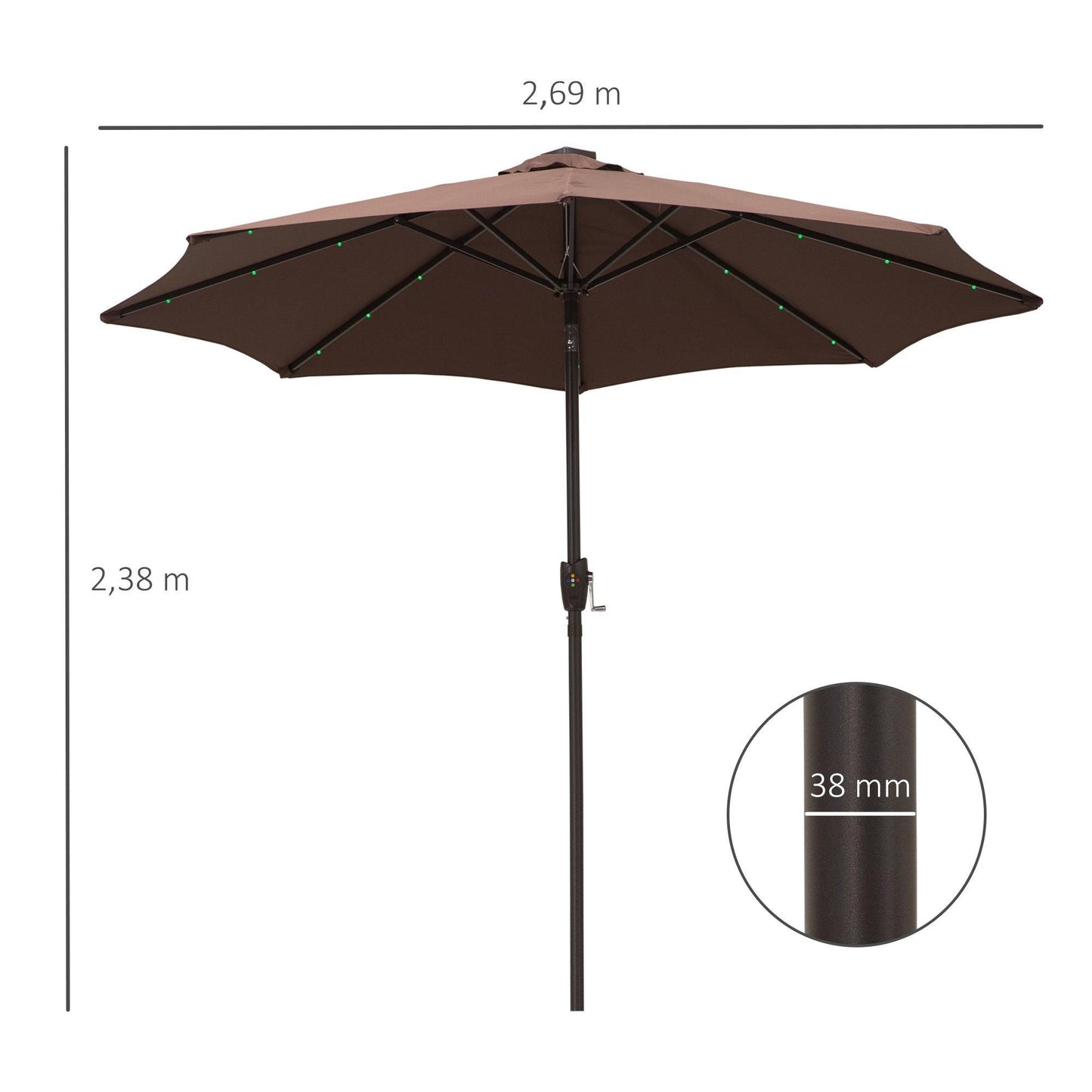 Outsunny Solar LED Umbrella - Brown/Coffee - ALL4U RETAILER LTD