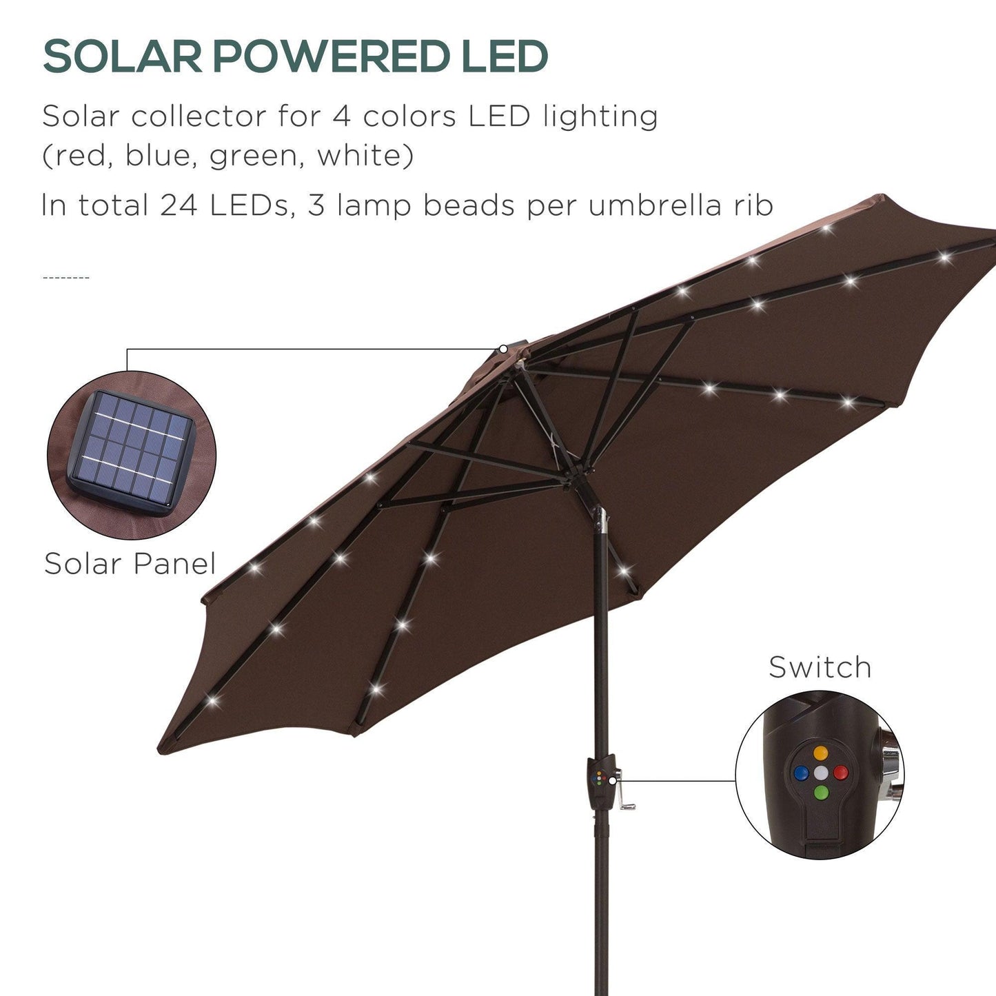 Outsunny Solar LED Umbrella - Brown/Coffee - ALL4U RETAILER LTD