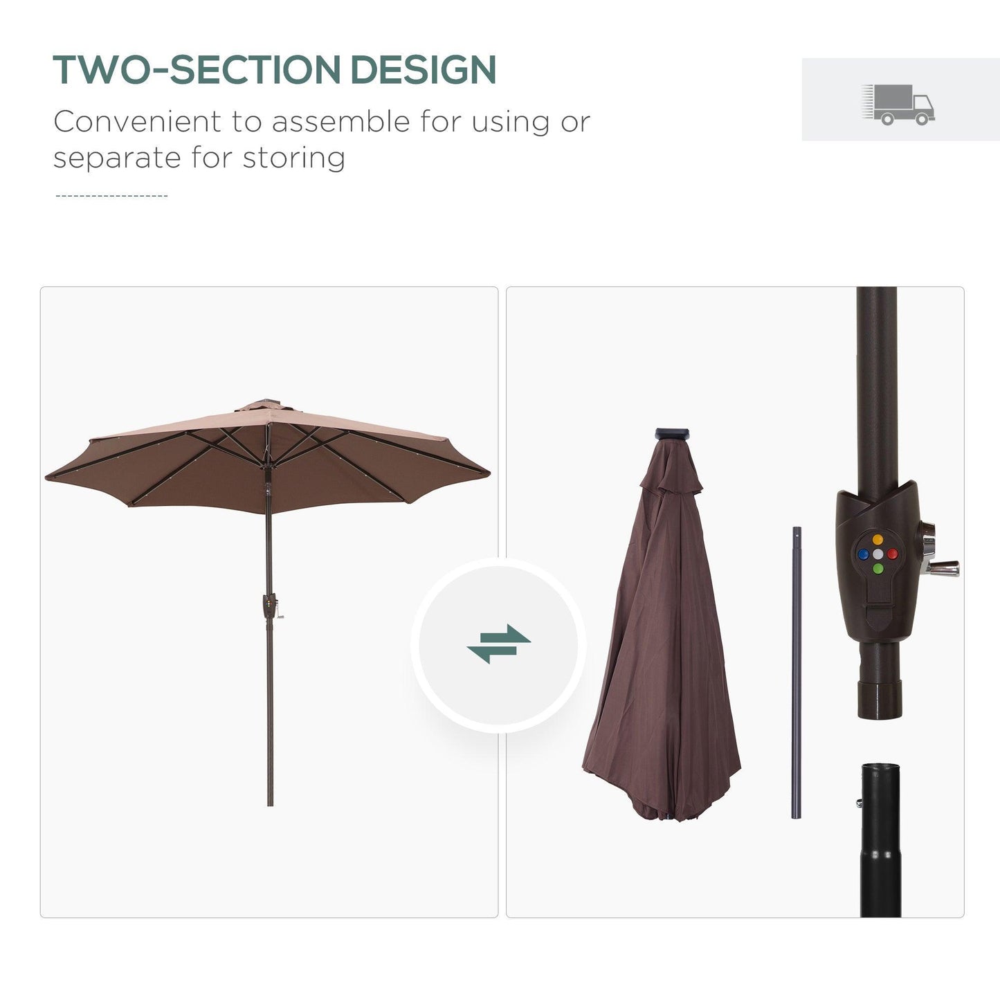 Outsunny Solar LED Umbrella - Brown/Coffee - ALL4U RETAILER LTD