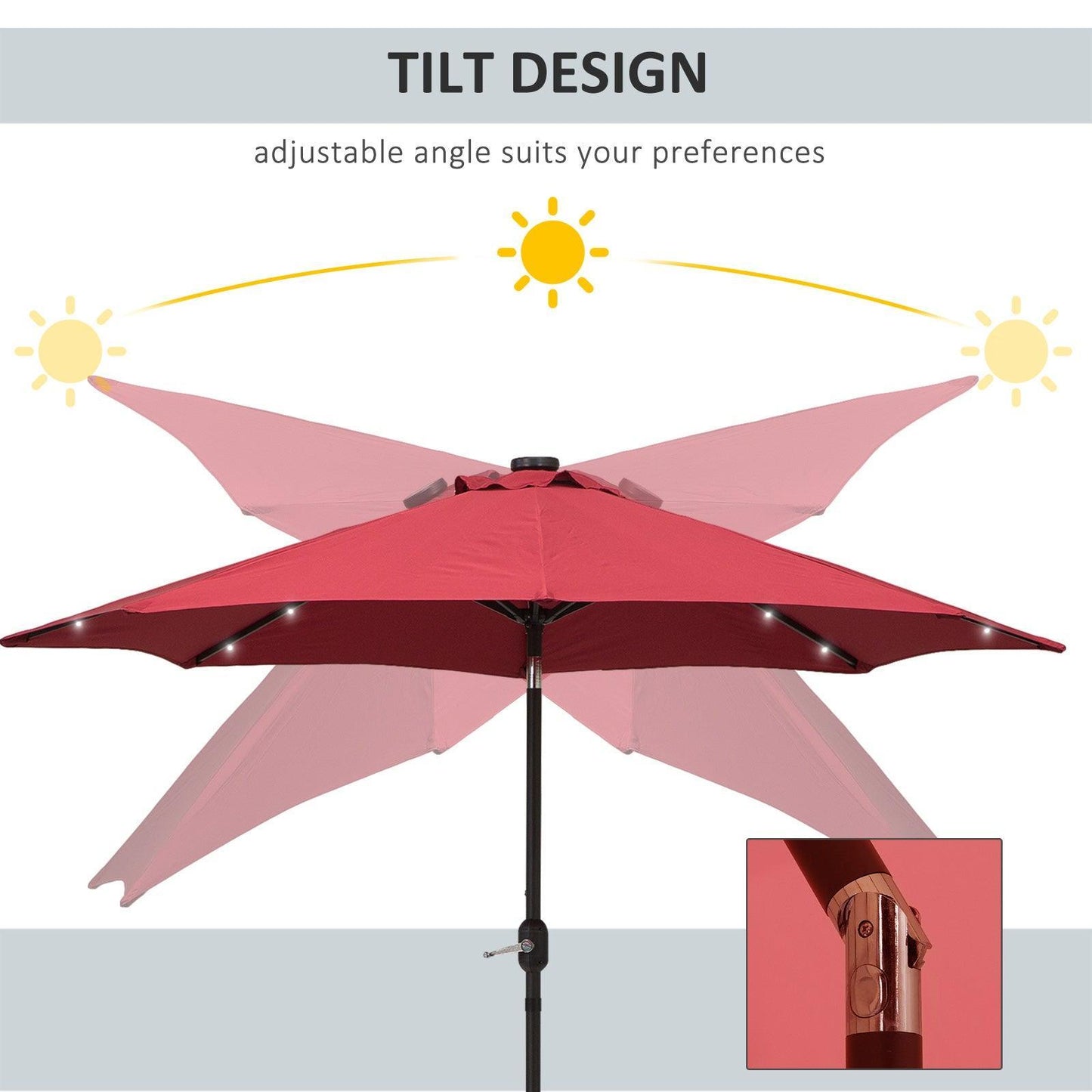 Outsunny Solar LED Umbrella - Wine Red - ALL4U RETAILER LTD