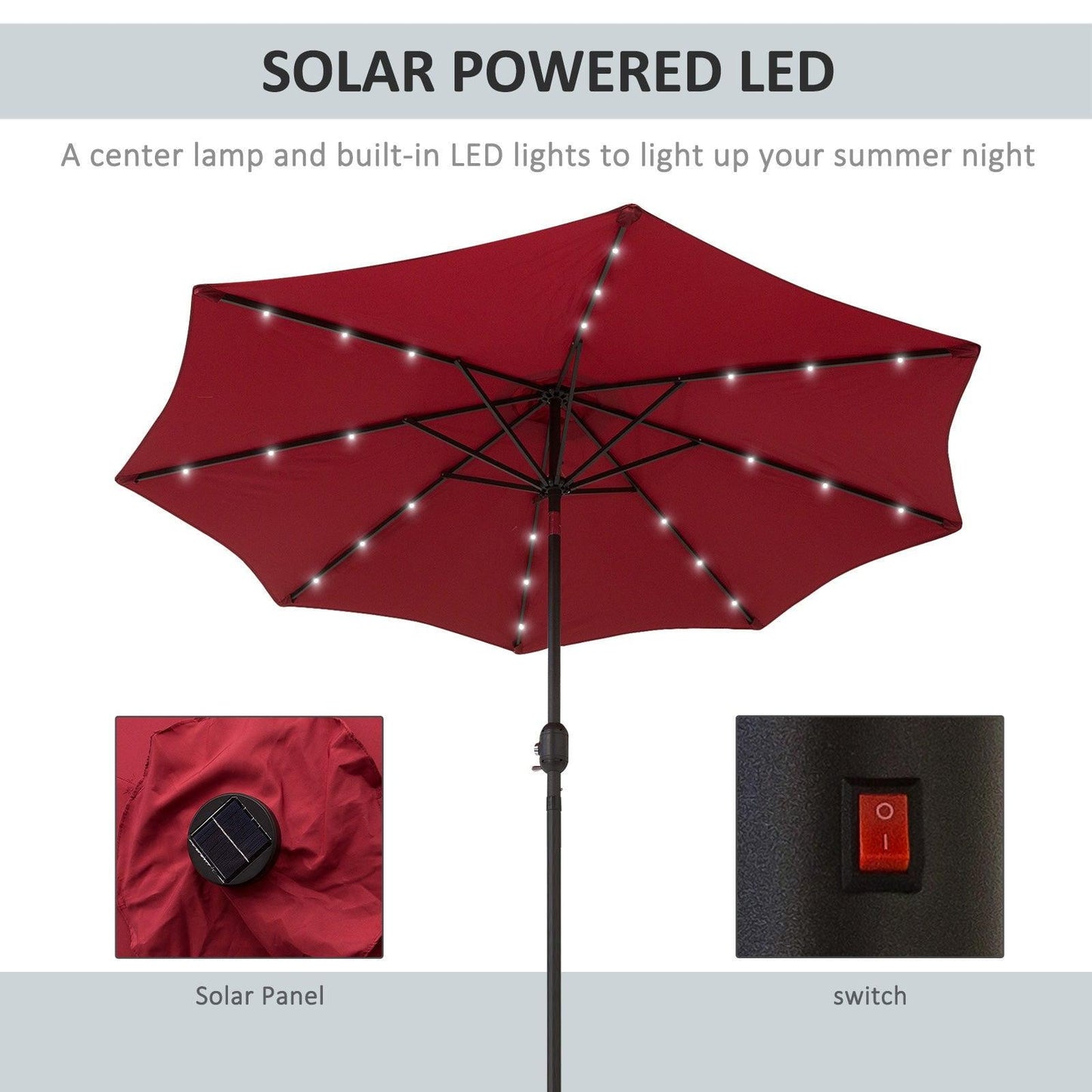 Outsunny Solar LED Umbrella - Wine Red - ALL4U RETAILER LTD