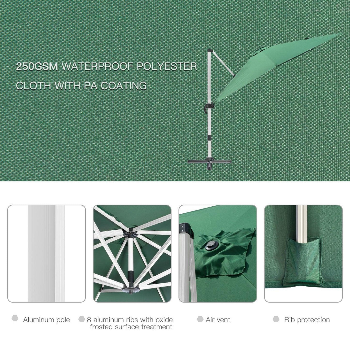 Outsunny Square Garden Umbrella - Green, Aluminium Frame - ALL4U RETAILER LTD