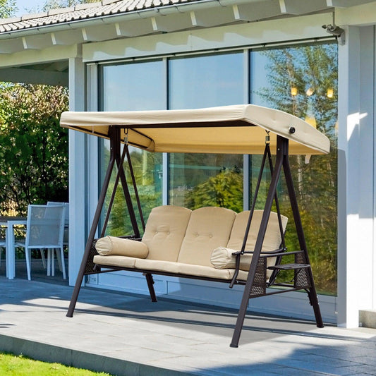 Outsunny Steel Swing Chair Hammock Outdoor Bench with Canopy - Beige - ALL4U RETAILER LTD