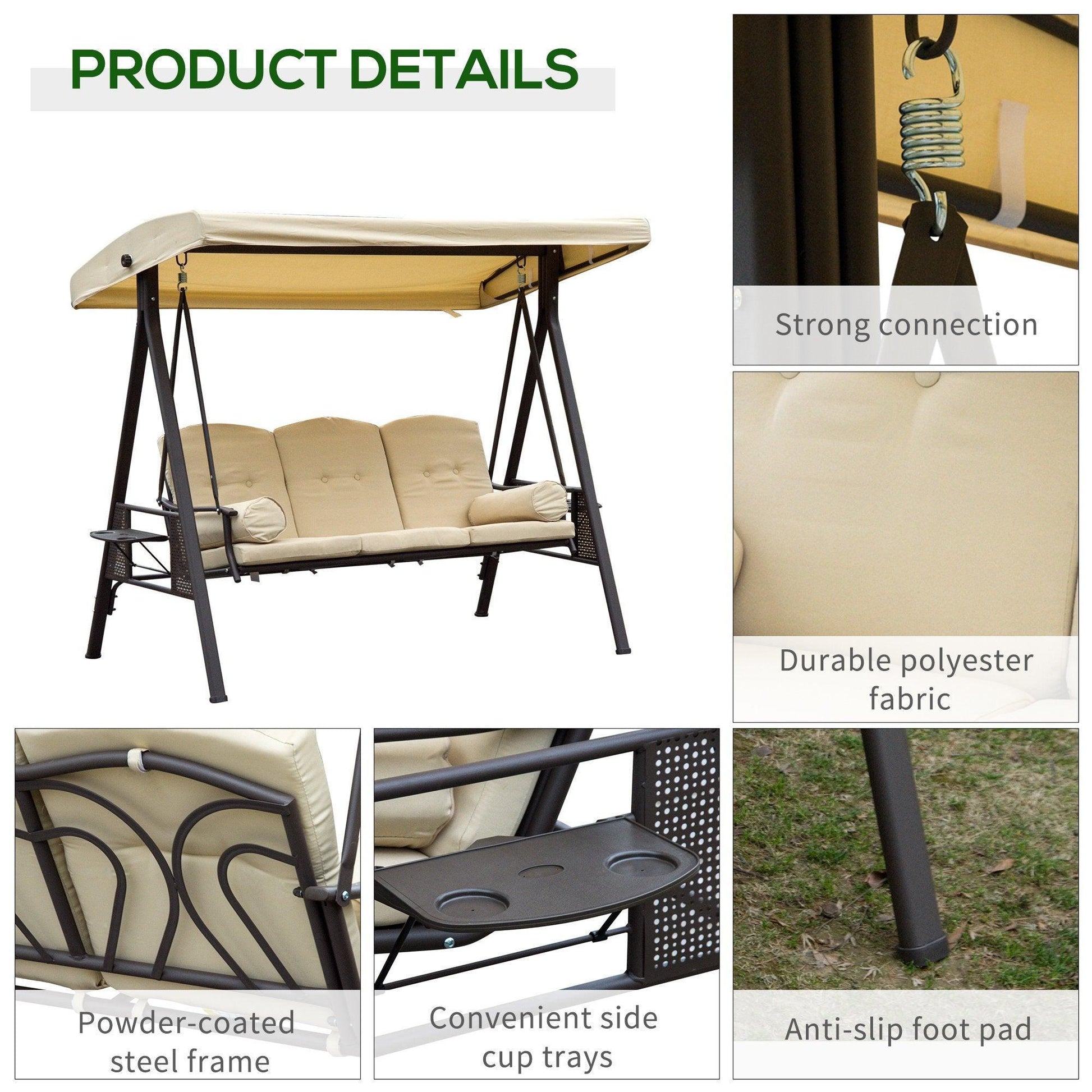 Outsunny Steel Swing Chair Hammock Outdoor Bench with Canopy - Beige - ALL4U RETAILER LTD