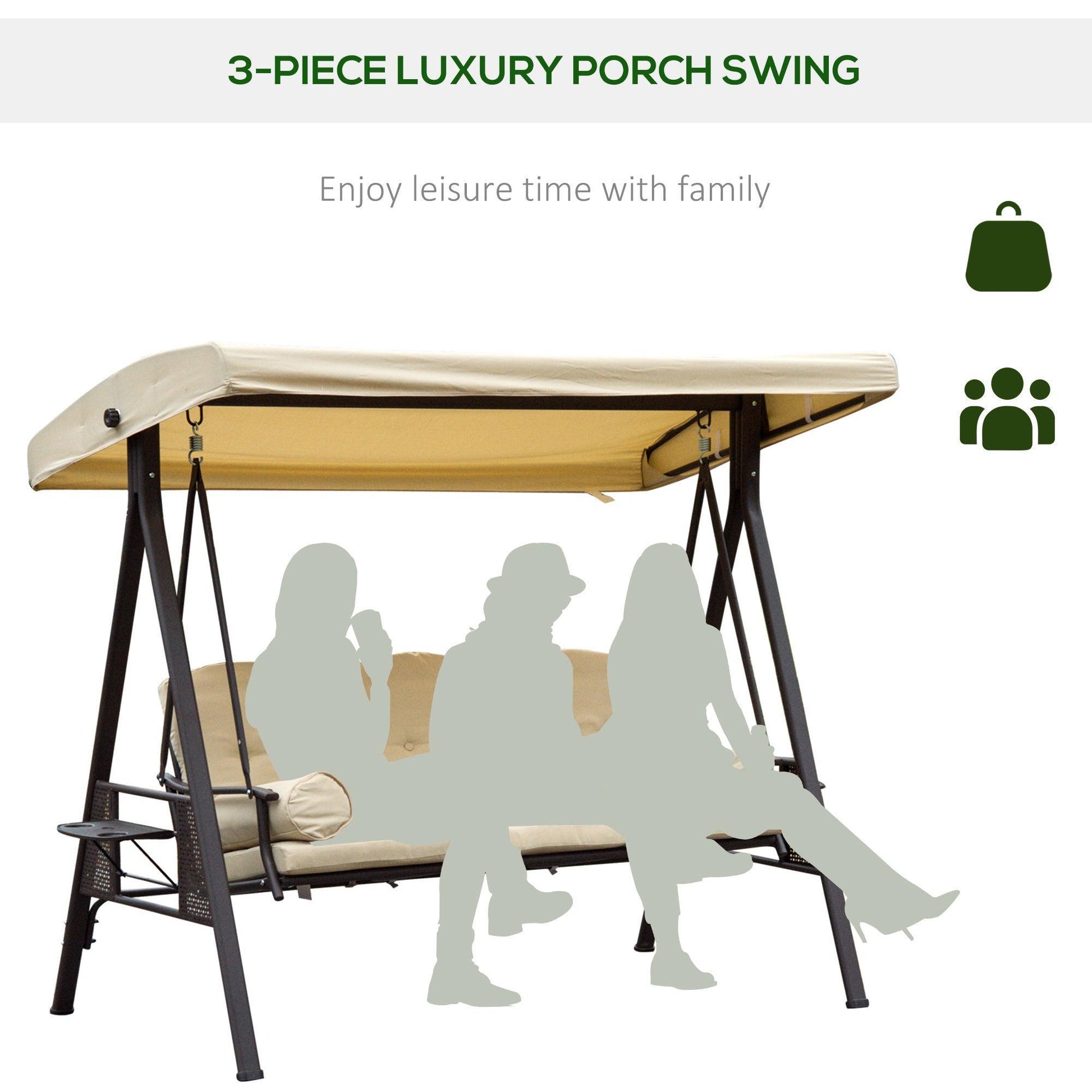 Outsunny Steel Swing Chair Hammock Outdoor Bench with Canopy - Beige - ALL4U RETAILER LTD