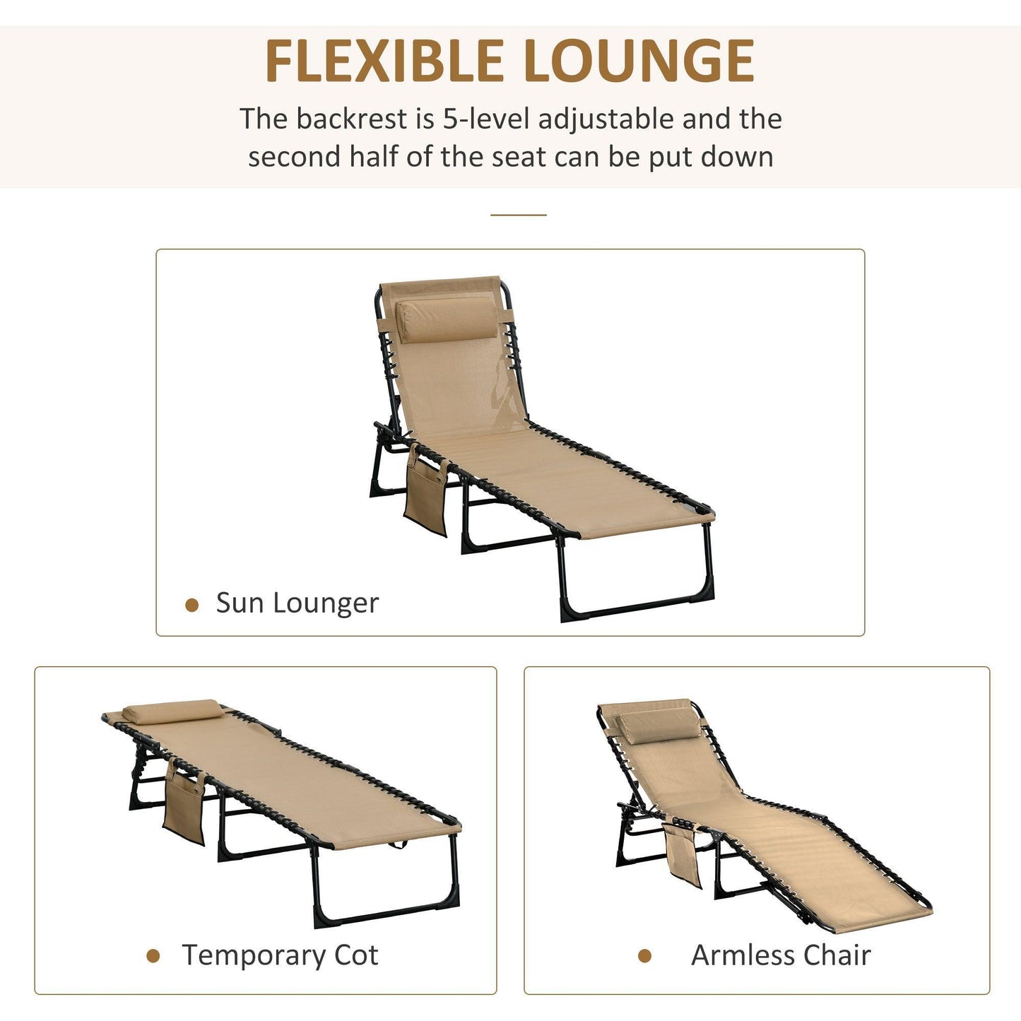 Outsunny Sun Lounger: Folding Bed Cot, 5-Position Recliner - Beige - ALL4U RETAILER LTD