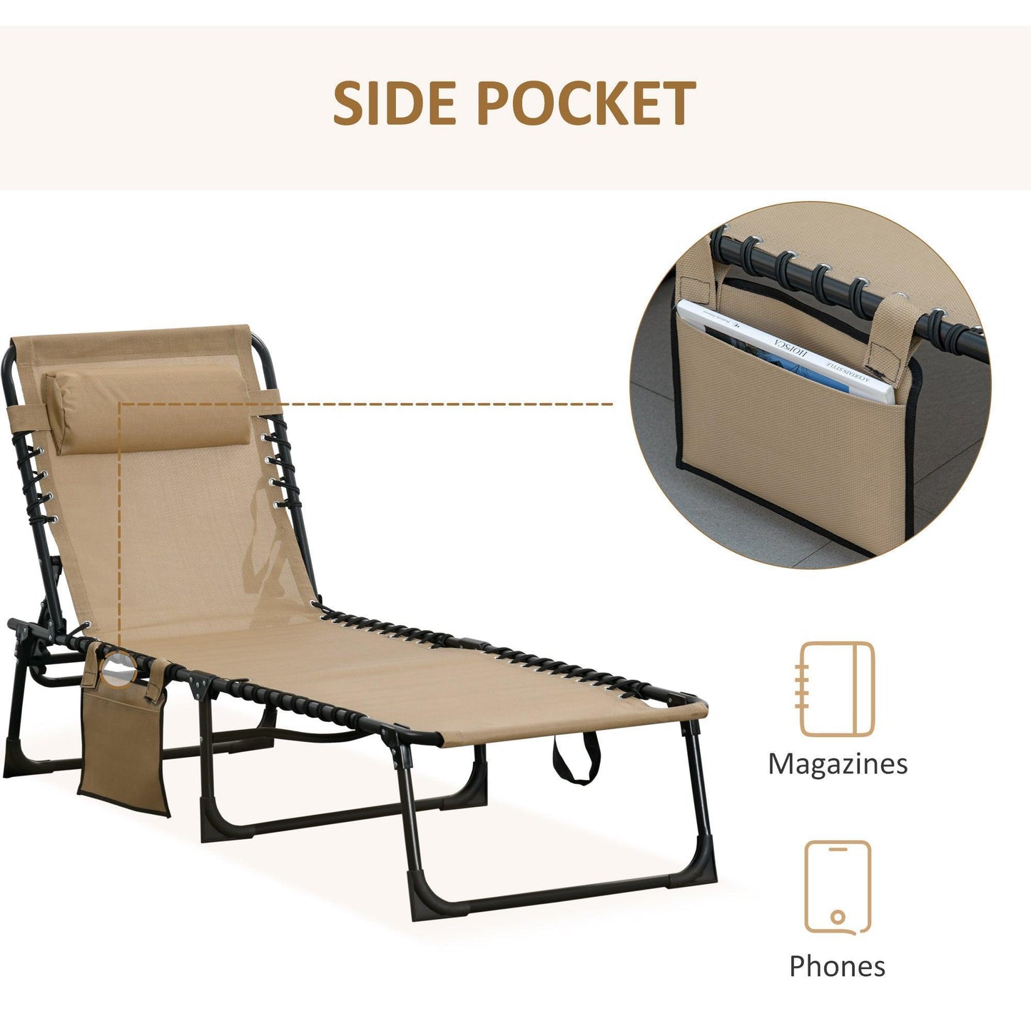 Outsunny Sun Lounger: Folding Bed Cot, 5-Position Recliner - Beige - ALL4U RETAILER LTD