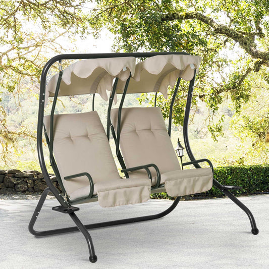 Outsunny Swing Chair Set - 2 Seats, Cushions, Beige - ALL4U RETAILER LTD