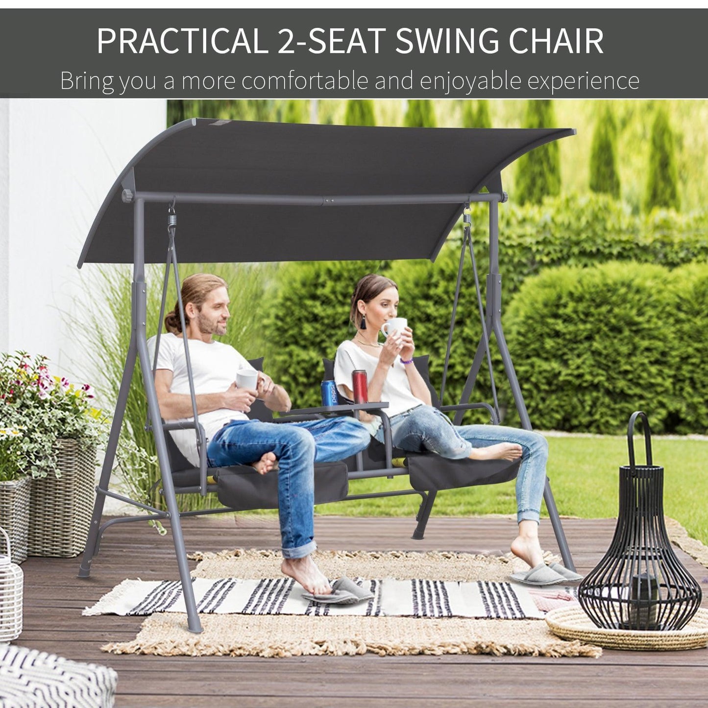 Outsunny Swing Chair with Table - Steel Frame, 2-Seater (Grey) - ALL4U RETAILER LTD