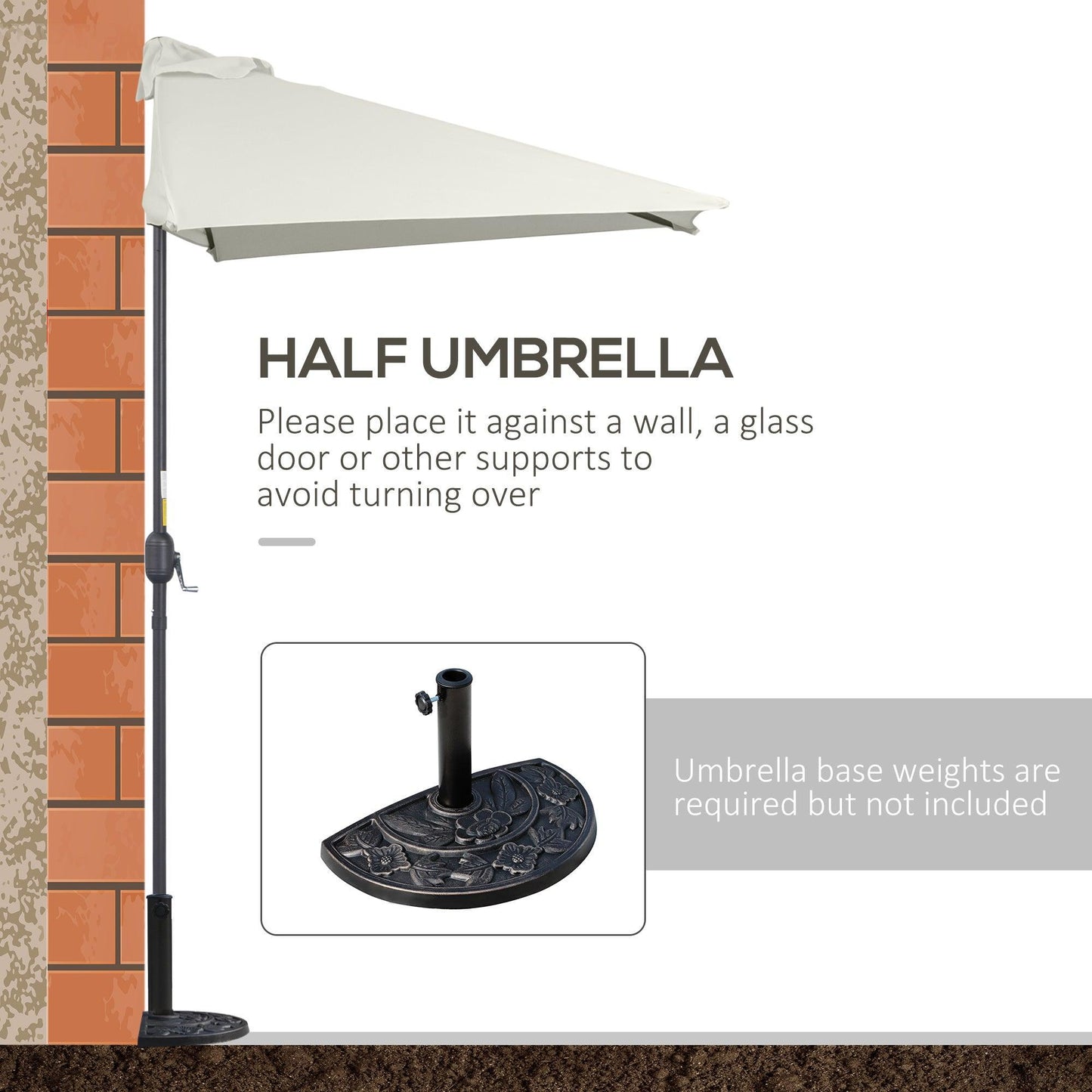 Outsunny Terrace Umbrella | Semi Round 2.3m | Beige | Crank Handle - ALL4U RETAILER LTD