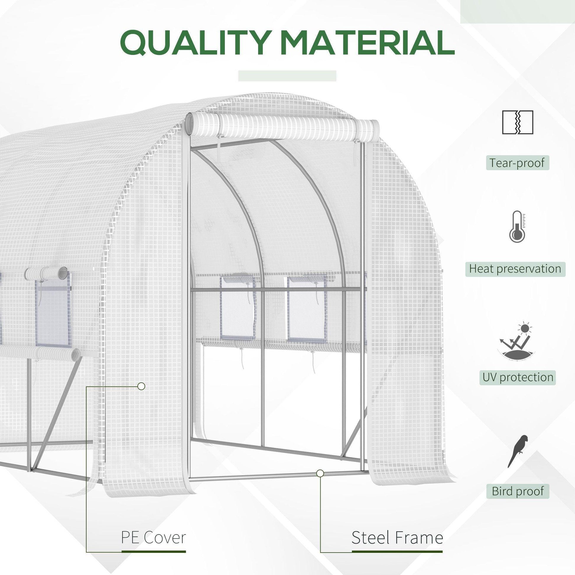 Outsunny Walk-in Tunnel Greenhouse - PE cover, 6 windows (White) - ALL4U RETAILER LTD