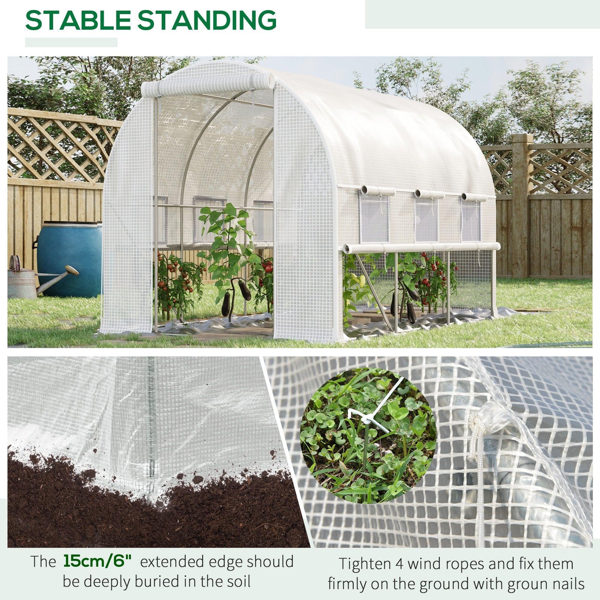 Outsunny Walk-in Tunnel Greenhouse - PE cover, 6 windows (White) - ALL4U RETAILER LTD