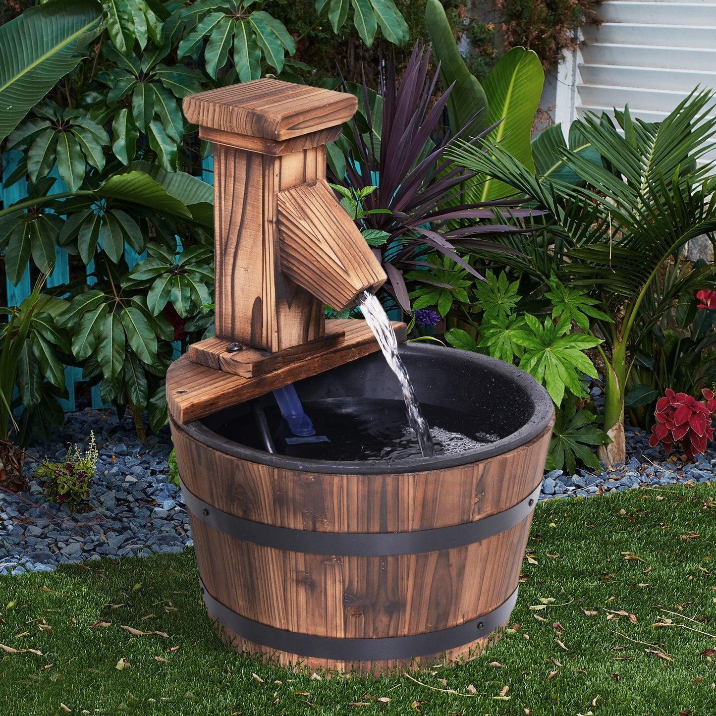 Outsunny Wood Barrel Pump Water Fountain - Electric Garden Feature - ALL4U RETAILER LTD