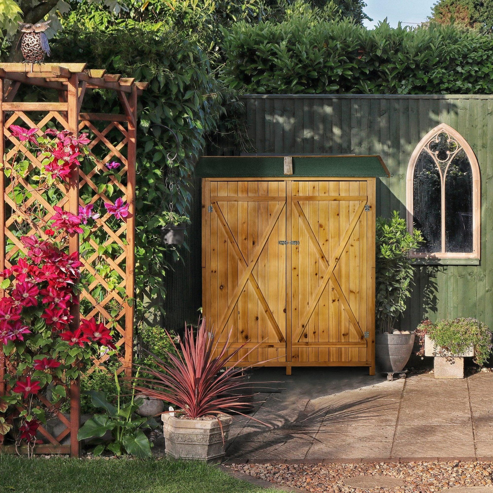 Outsunny Wood Storage Shed with Table & Hooks, Grey - ALL4U RETAILER LTD