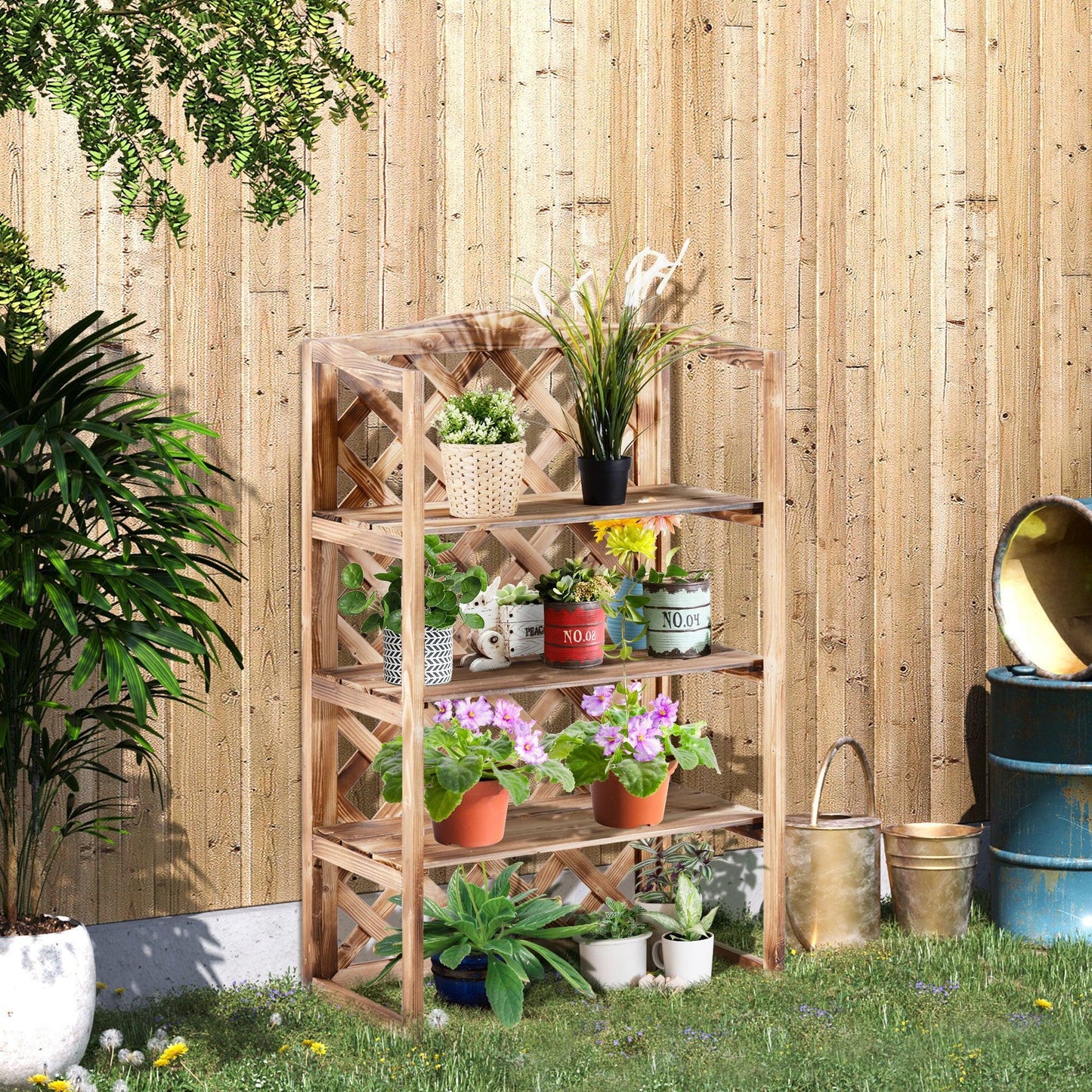 Outsunny Wooden 3-Tier Flower Stand - Display Rack with Storage - ALL4U RETAILER LTD