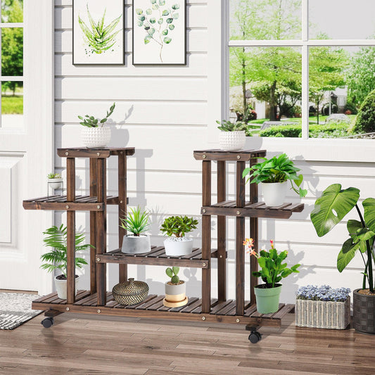 Outsunny Wooden 4-Tier Plant Stand - 8 Pots, Portable and Stylish - ALL4U RETAILER LTD