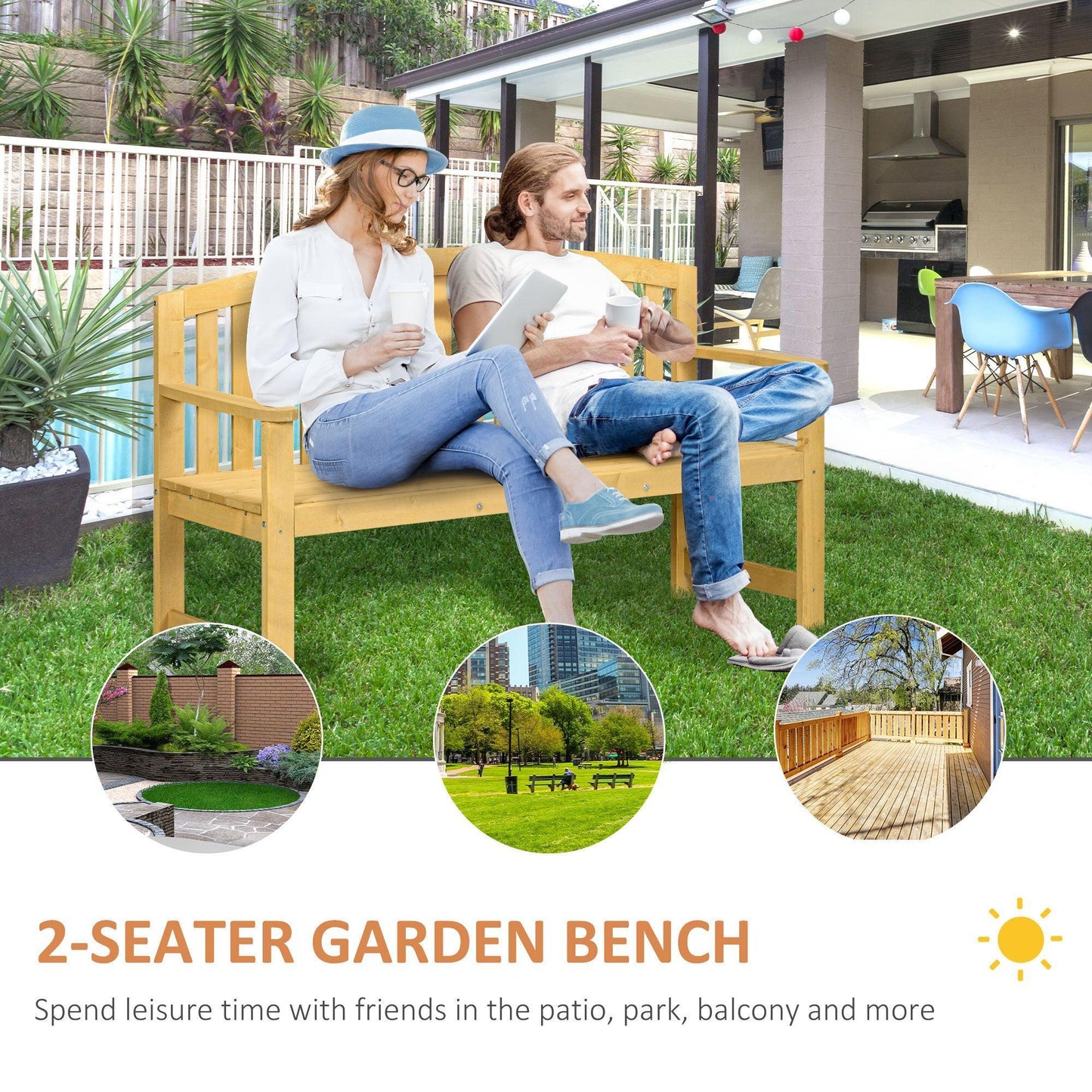 Outsunny Wooden Garden Bench - 2 Seater Outdoor Chair - ALL4U RETAILER LTD