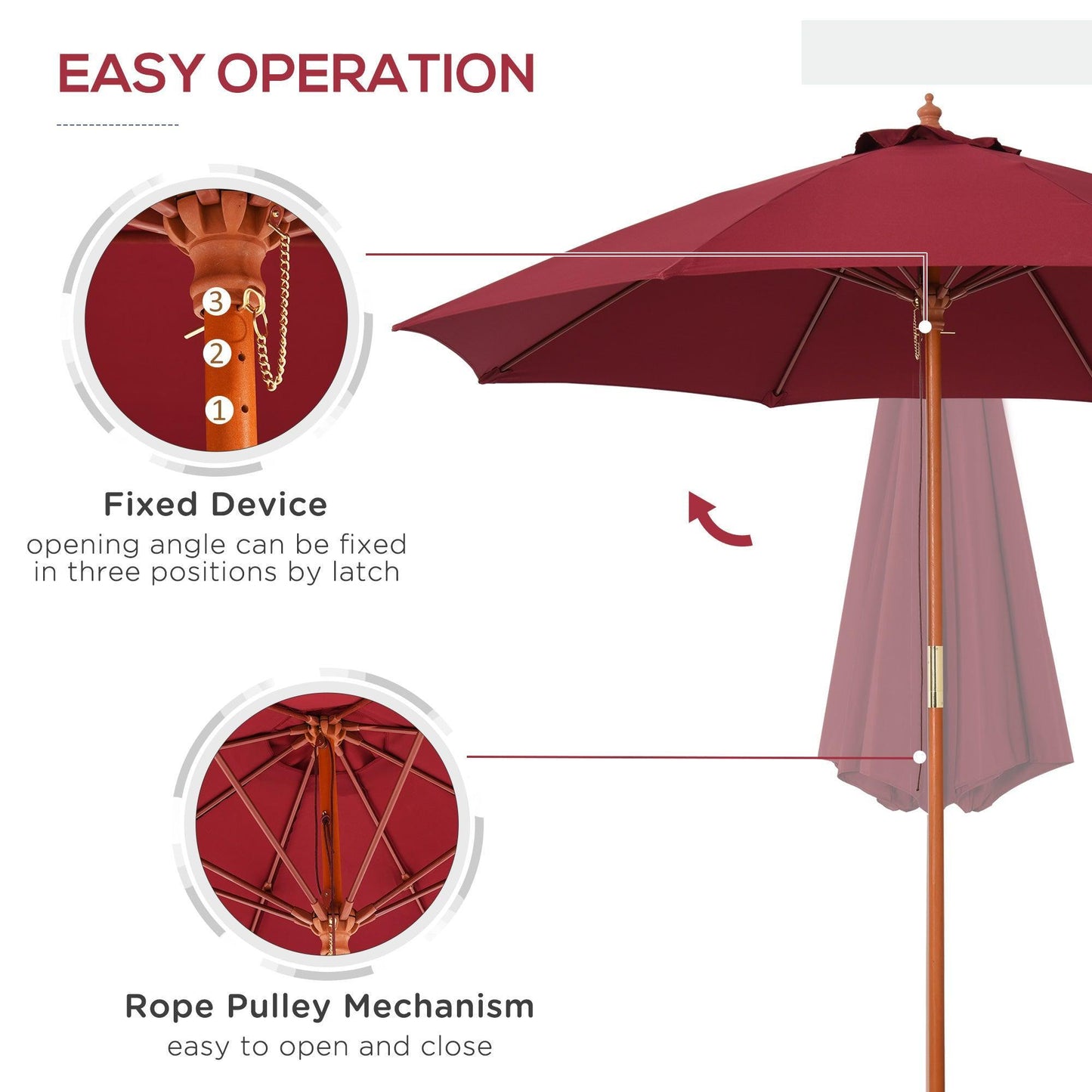 Outsunny Wooden Garden Parasol with Top Vent, Wine Red - ALL4U RETAILER LTD