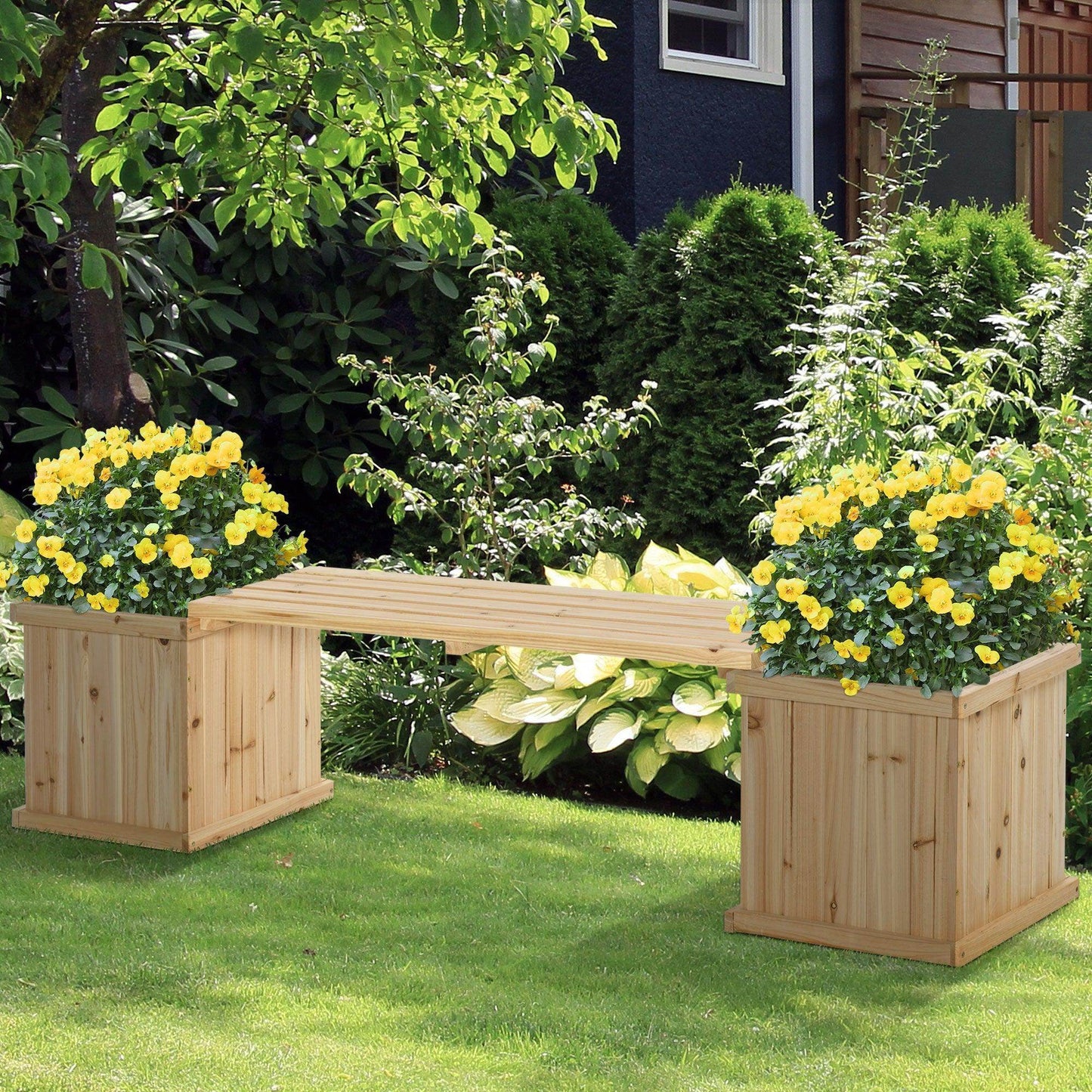 Outsunny Wooden Garden Planter & Bench Combo - Natural (176x38x40cm) - ALL4U RETAILER LTD