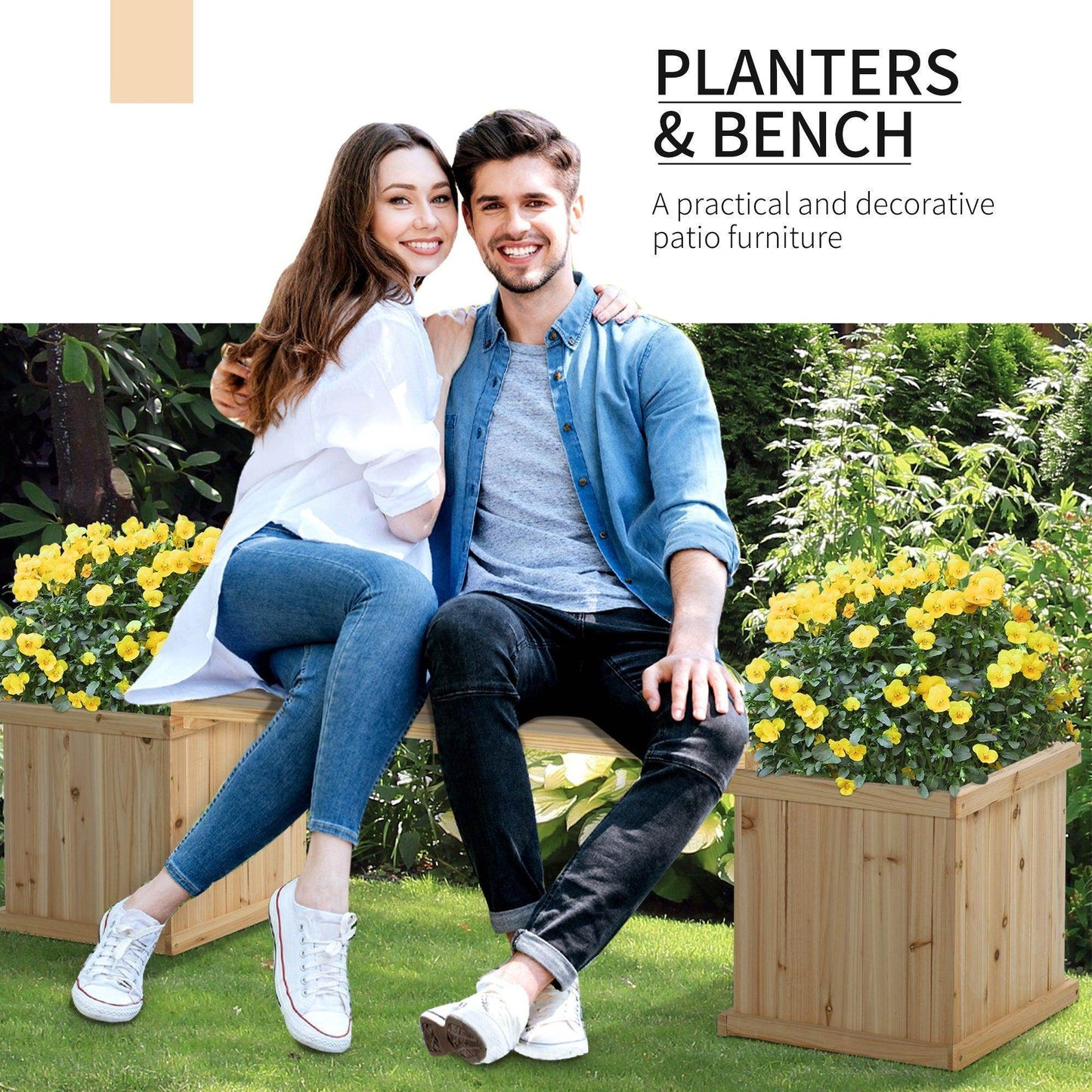 Outsunny Wooden Garden Planter & Bench Combo - Natural (176x38x40cm) - ALL4U RETAILER LTD