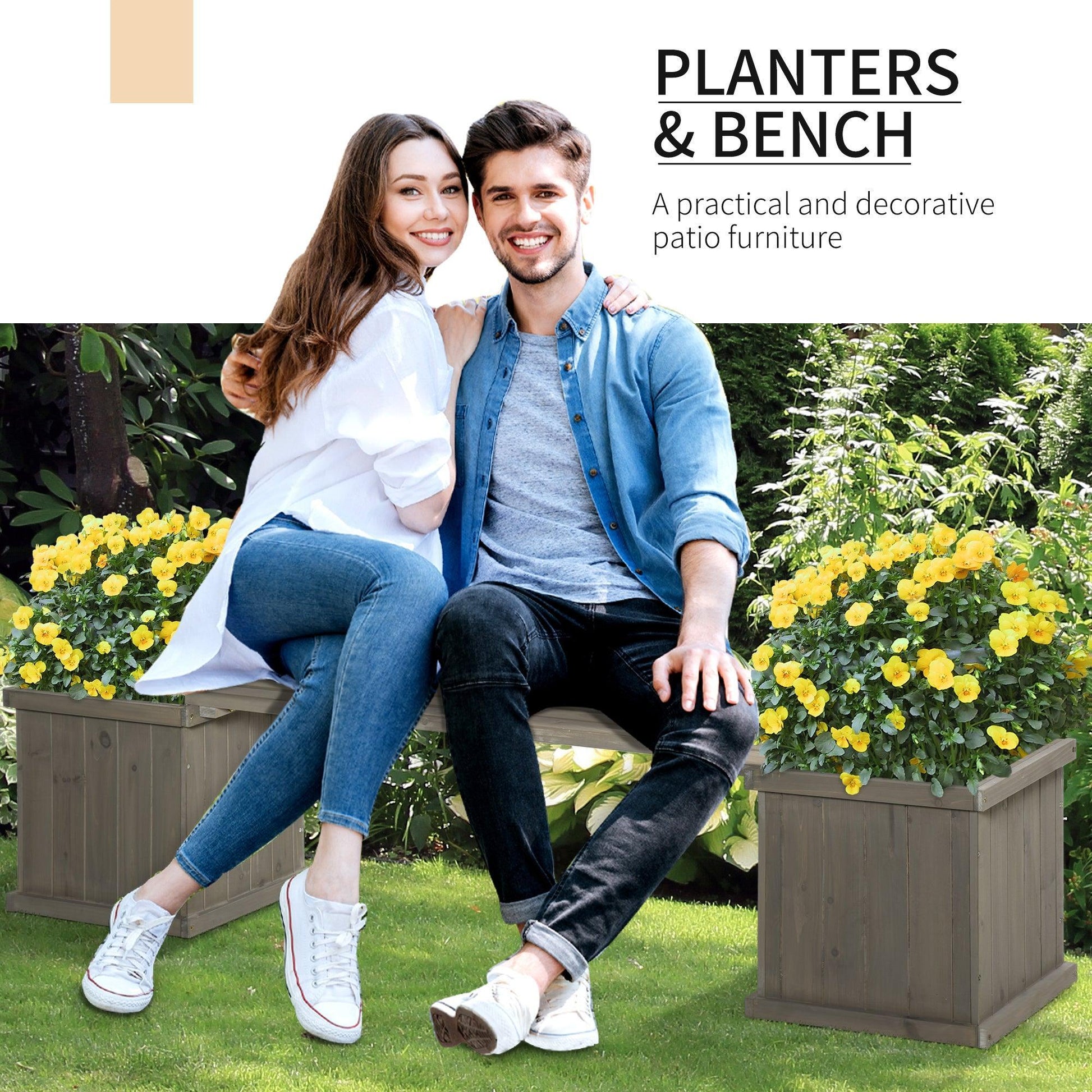 Outsunny Wooden Garden Planter & Bench - Grey 176cm - ALL4U RETAILER LTD