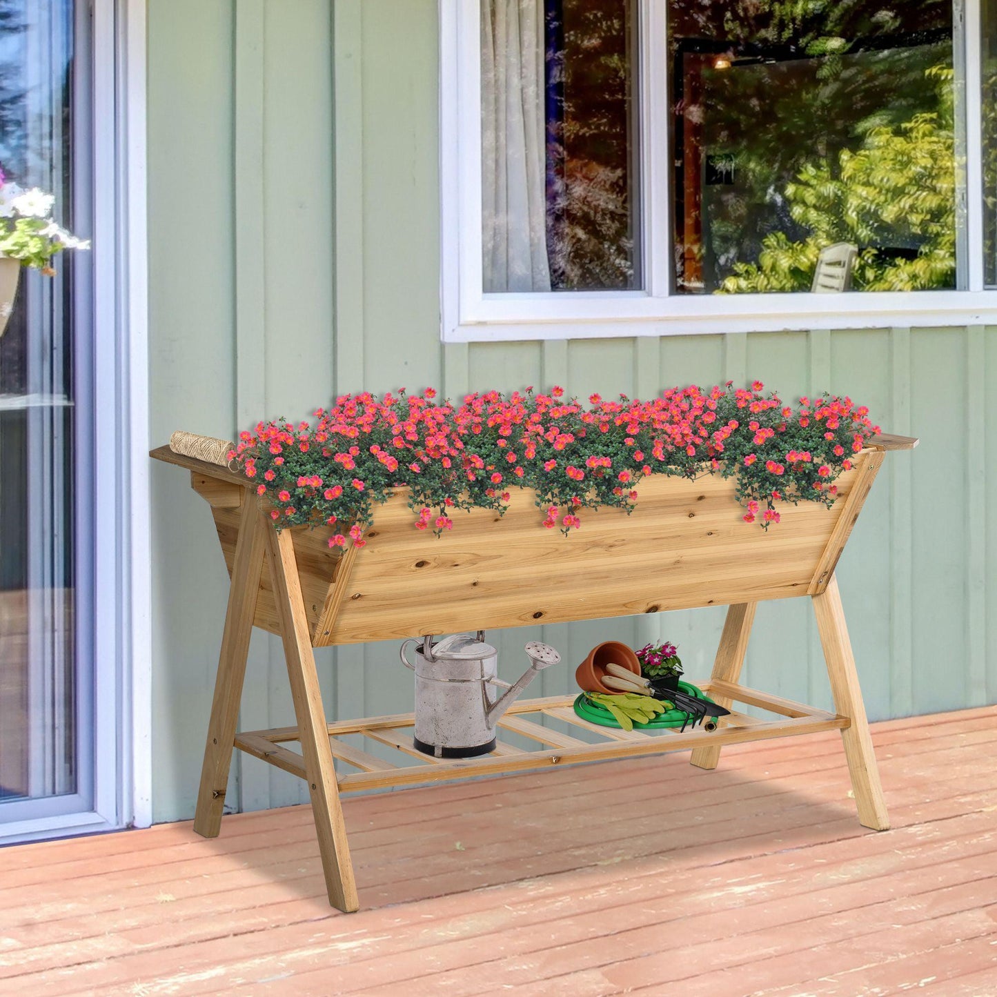 Outsunny Wooden Garden Planter - Raised Bed with Storage Shelf - ALL4U RETAILER LTD